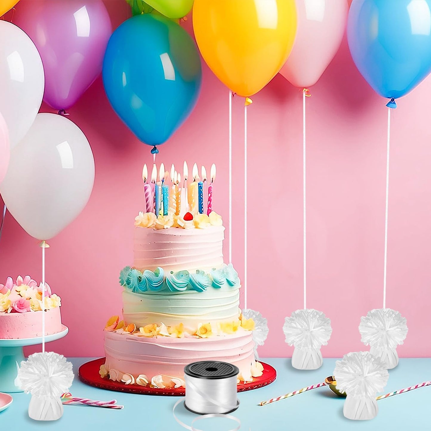 24 PCS Balloon Weights Metallic Anchor, Balloon Holder Heavy Weights with 1 Roll Iridescent Crimped Ribbon for Balloons Table Party Favor Birthday Decor(White)