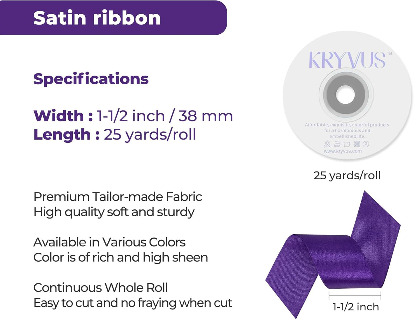 Purple Satin Ribbon 1-1/2 inch X Continuous 25 Yards, Single Face Polyester Ribbon Perfect for Gift Wrapping, Flower Bouquet, Wedding Decor, Crafts, Bow Making, Sewing and More