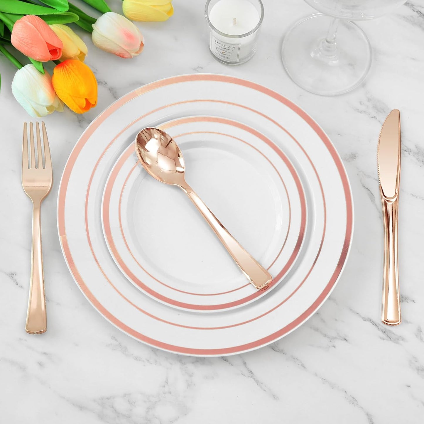 BESTVIP 50 Pack 6.9 Inch Rose Gold Plastic Spoons, Heavy Duty Plastic Silverware, Heavyweight Rose Gold Spoons, Disposable Serving Utensils for Catering, Parties, Dinners, Weddings, Christmas