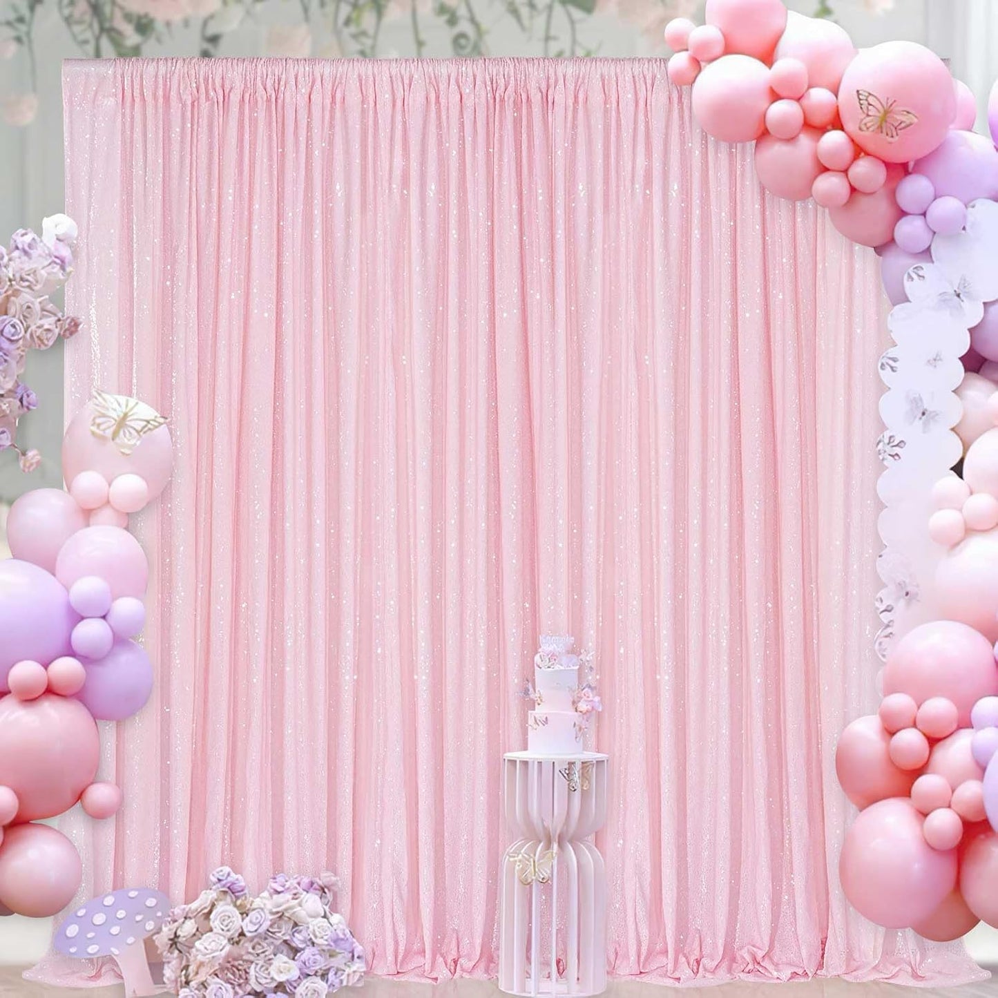 Pink Sequin Backdrop Curtain 8ft x 8ft Baby Shower Backdrop Drapes for Princess Girls Birthday Party Background Decoration