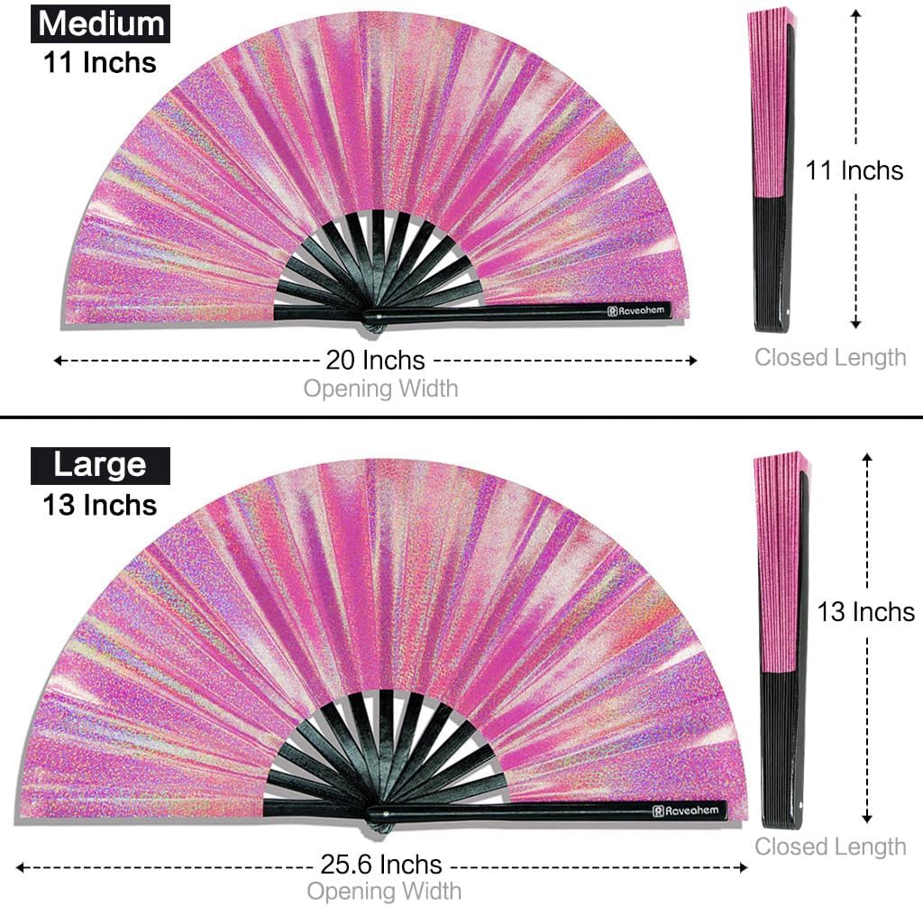 Large Rave Fan, Clack Folding Hand Fan with Premium Fabric, Thick Bamboo Frame for Men Women Gift for EDM, Festival, Club, Party, Dance, Decoration (Lridescent Pink, 13")