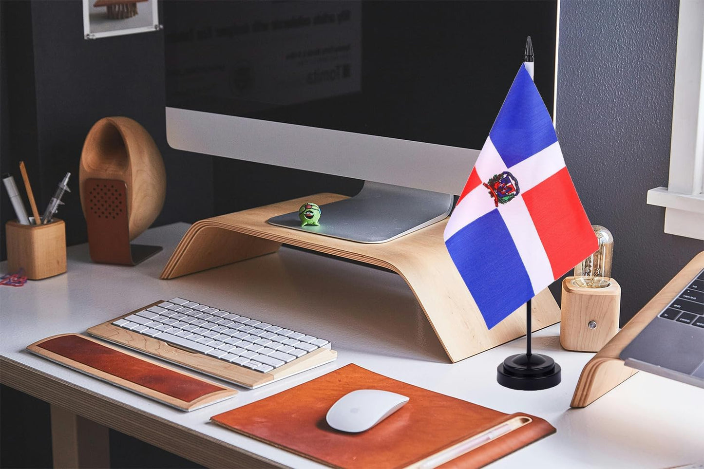 WXTWK 2 Pack Dominican Flag Dominican Deluxe Desk Flag Set - Mini Small Dominican Republic Table Office Flags with Black 12" Solid Pole Stand Base Classroom Meeting Desktop Decorations
