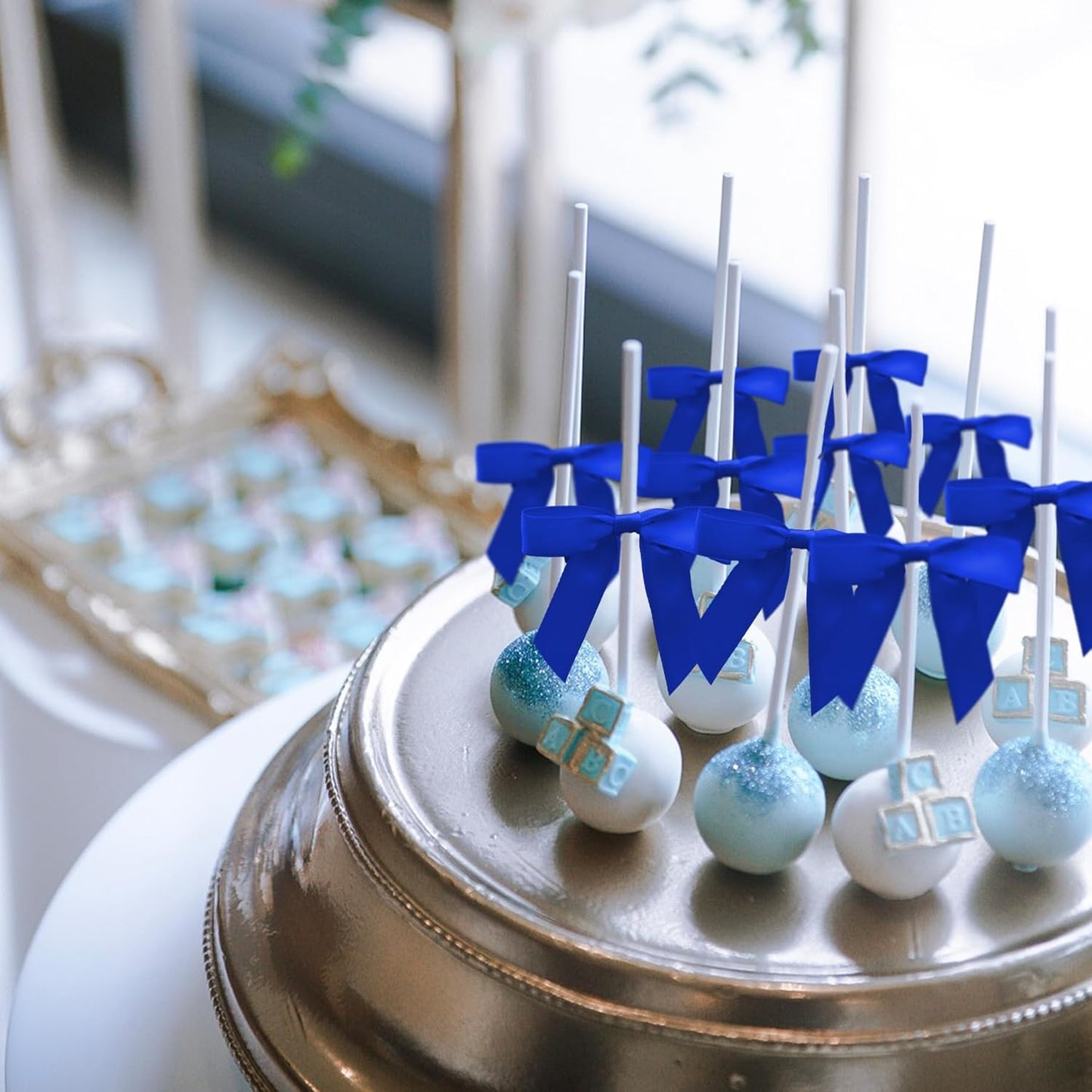 50Pcs Royal Blue Twist Tie Bows for Gift Wrapping 2.5" Satin Ribbon Bow for Treat Bags Balloons Birthday Party Favors Wedding Decorations