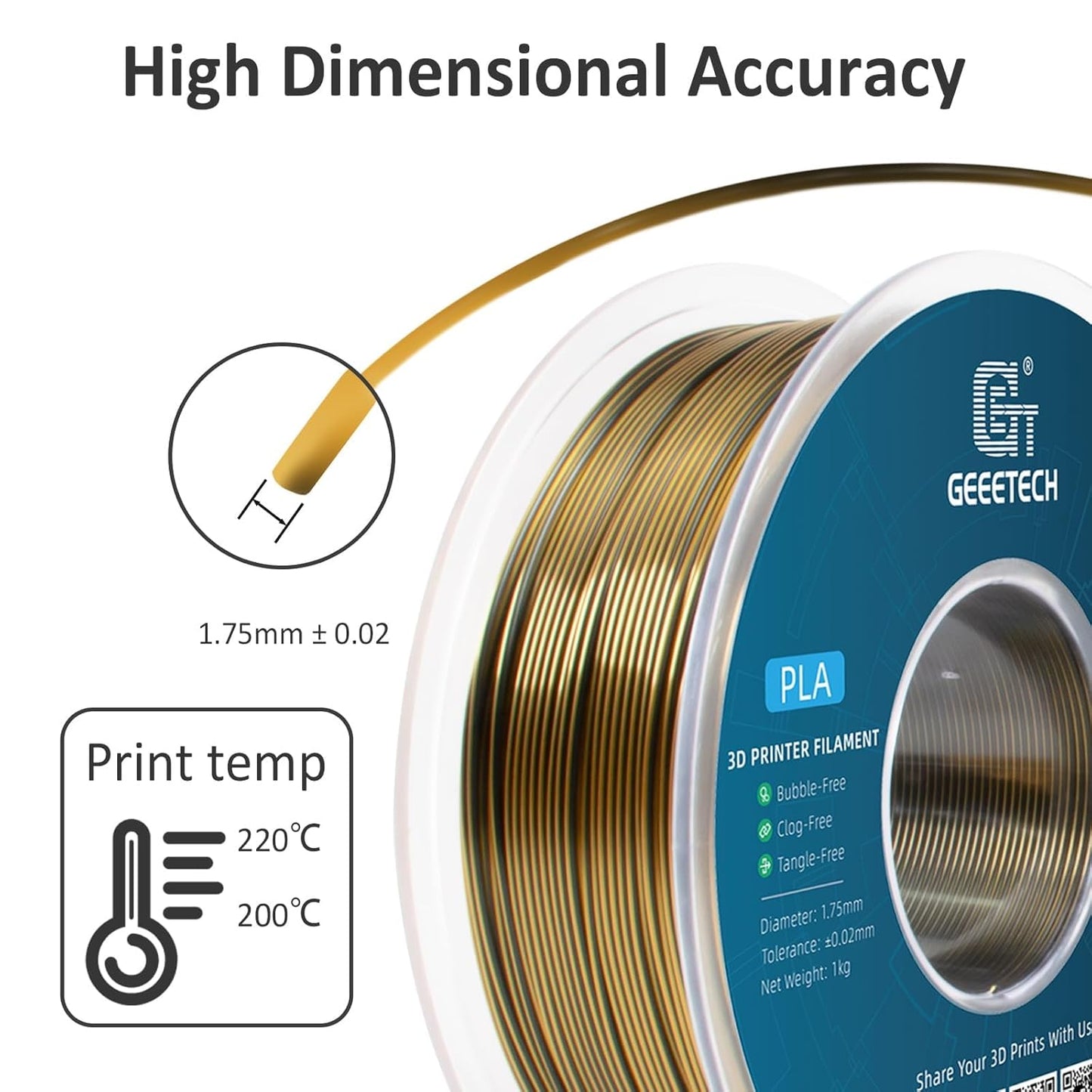 Geeetech Silk PLA Filament 1.75mm Silk Dual Color Filament, Coextrusion Dichromatic Metal-Like Shiny Consumable 1kg (2.2lbs) 1 Spool, Dimensional Accuracy +/- 0.02 mm, Gold Black
