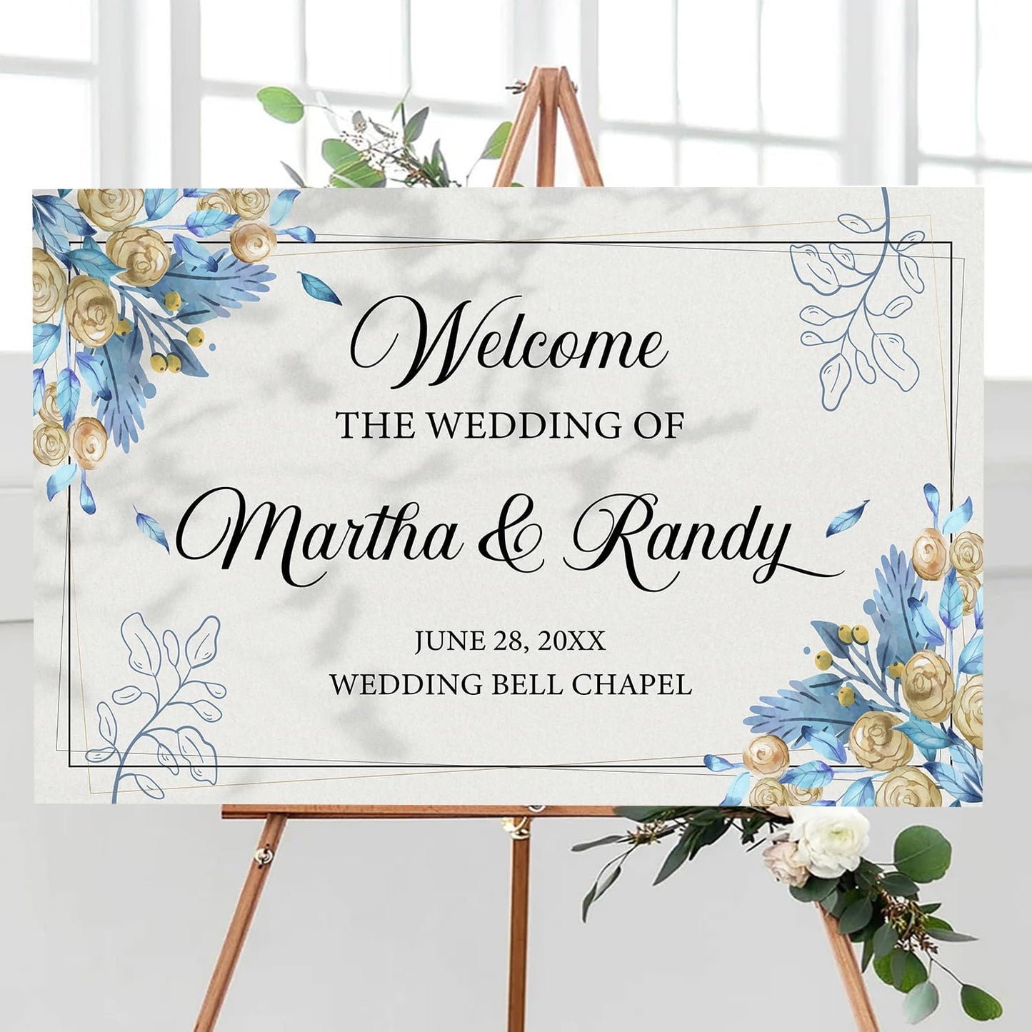 Editable Watercolor Wedding Welcome Sign, Boho Floral Template, Printable Blue Ceremony Decor, Minimalist Reception Signage