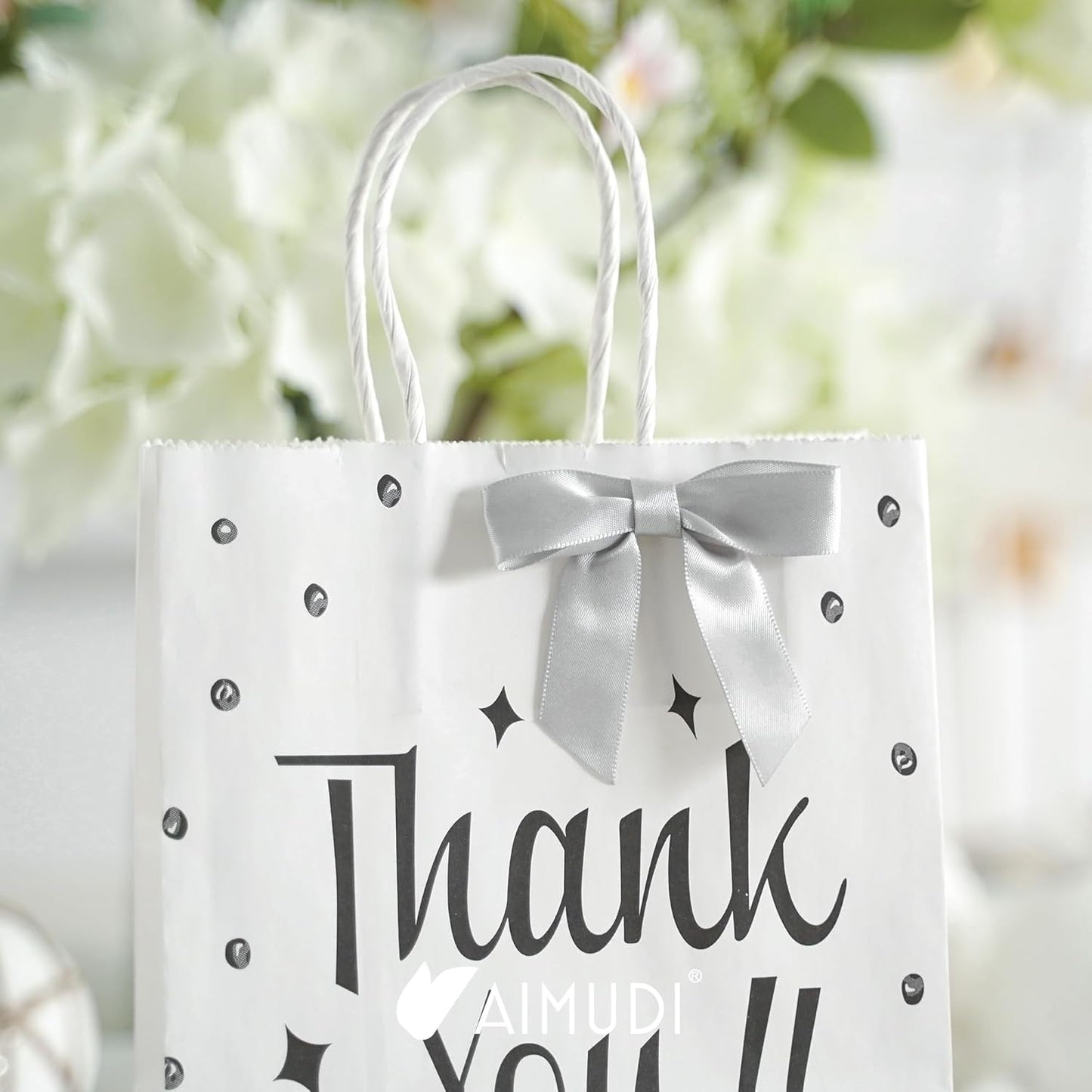 AIMUDI Silver Satin Ribbon Twist Tie Bows 2.5" Pretied Bows Premade Craft Bows for Treat Bags Cake Pop Gift Wrapping Basket Wedding Favors Cookie Candy Bagging Baby Shower - 50 Counts