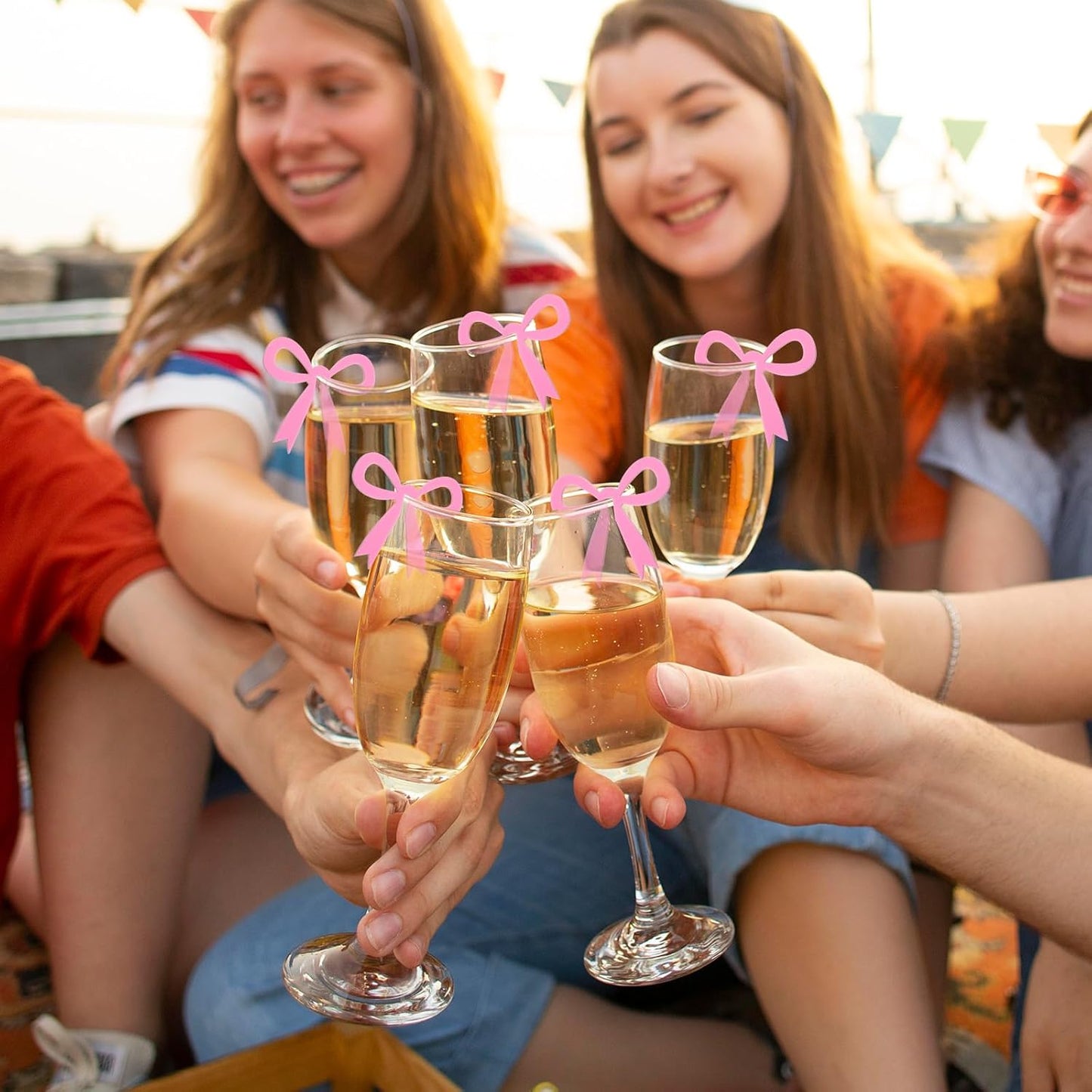 20 Pcs Pink Bow Drink Markers,Bows Drink Tags Coquette,Acrylic Bow Wine Glass Charms for Bachelorette Birthday Wedding Coquette Tasting Party Decor Accessory