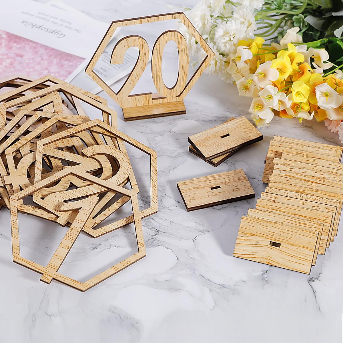 Wooden Table Numbers, Hexagon Shape 1-20 Wedding Table Numbers with Holder Base Rustic Hollow Out Wood Table Numbers Card for Wedding Party Event Catering Decoration (Hexagon)
