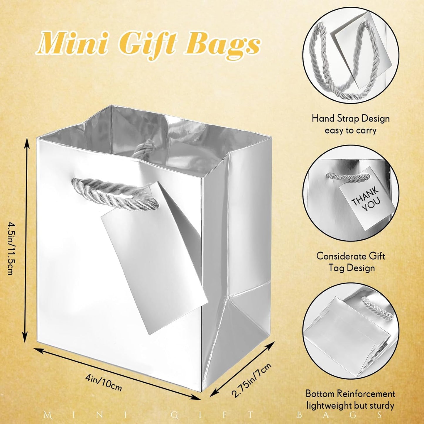 Sherr 100 Pack Mini Gift Bags Bulk, 4 x 2.75 x 4.5 Inches Paper Bags with Tags, Extra Small Paper Gift Boxes with Handles for Birthday, Party Favors, Weddings, Small Business(Silver)