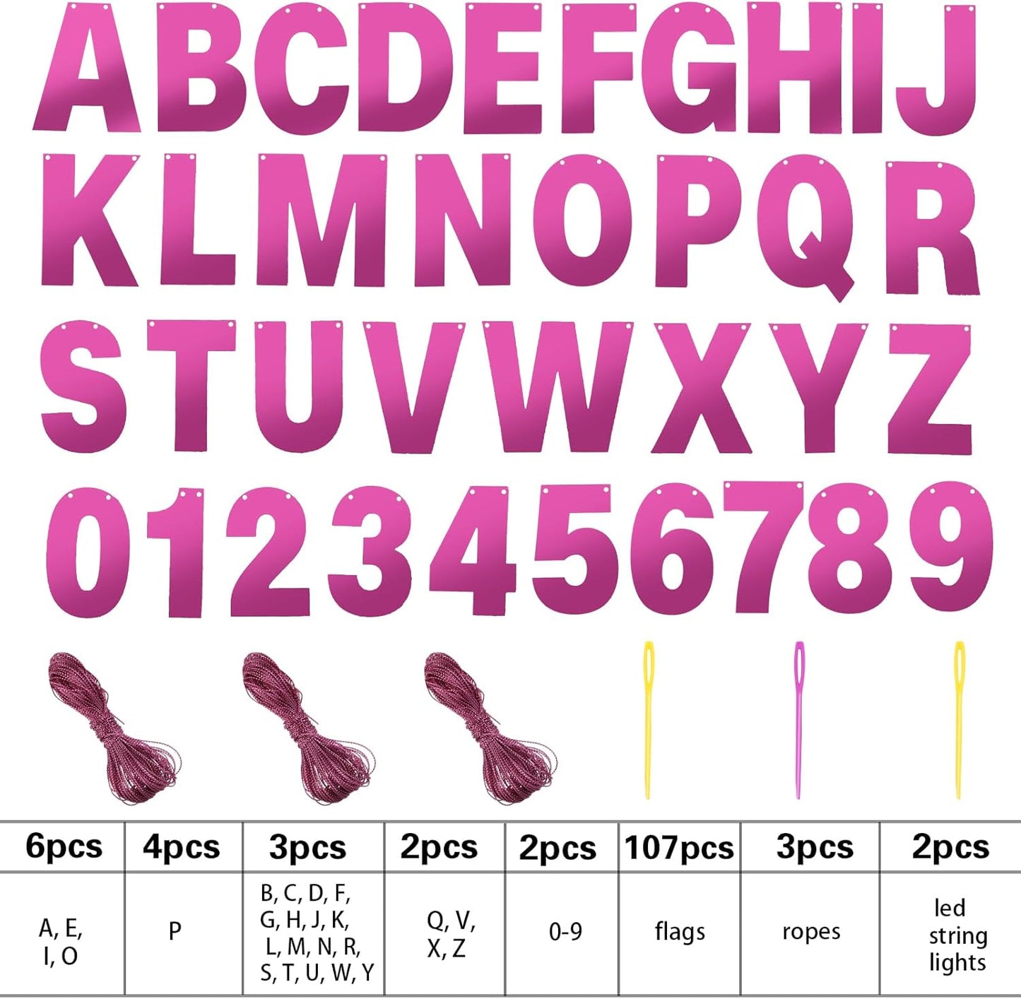 TaoBary 112 Pcs DIY Letter Kit Glitter Customizable Banner Letters Include 107 Letters and Numbers 3 Rope and 2 Needles for Birthday Halloween Christmas Wedding Valentine Party Decor(Bright Pink)