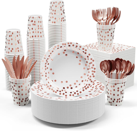 White and Rose Gold Party Supplies - 350 PCS Disposable Dinnerware Set - White Paper Plates Napkins Cups, Gold Plastic Forks Knives Spoon for Graduation, Birthday, Cocktail Party