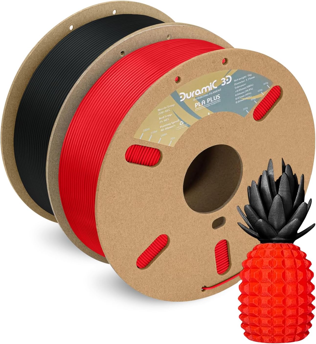 DURAMIC 3D PLA+ Filament 1.75mm 2Kg Black + Red, PLA Plus Filament 2 Pack 1kg Spool(2.2lbs) Tougher and Stronger, Dimensional Accuracy Probability +/- 0.02mm