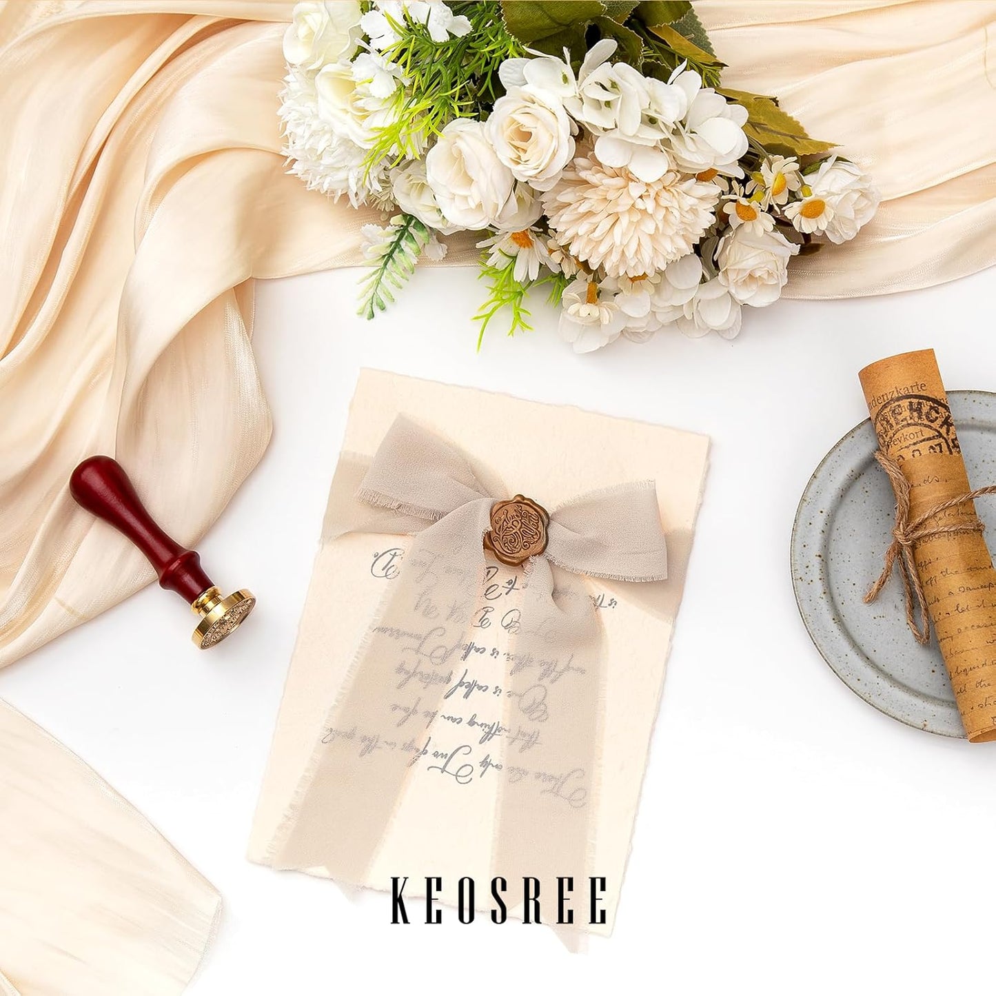 3 Rolls Light Nude Handmade Chiffon Ribbon,1.5" x 21Yd Light Khaki Frayed Fringe Silk Ribbons (3 Rolls *7Yd) for Gifts Wrapping, Wedding Invitations, Bridal Bouquets, Decorations