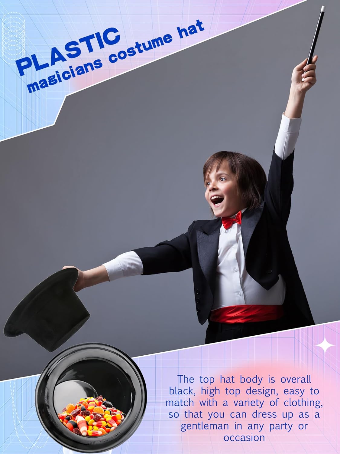 8 Pack Kids Plastic Top Hat Black Magician Hat Party Top Hat for Toddler Halloween Christmas Costume Accessory