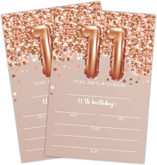 11th Birthday Invitation Cards, Rose Gold Glitter 11th Birthday Party Invites, Kids Happy Birthday Party Decorations Supplies, 20 Fill-in Cards with Envelopes for Boys or Girls Party Celebration - C03