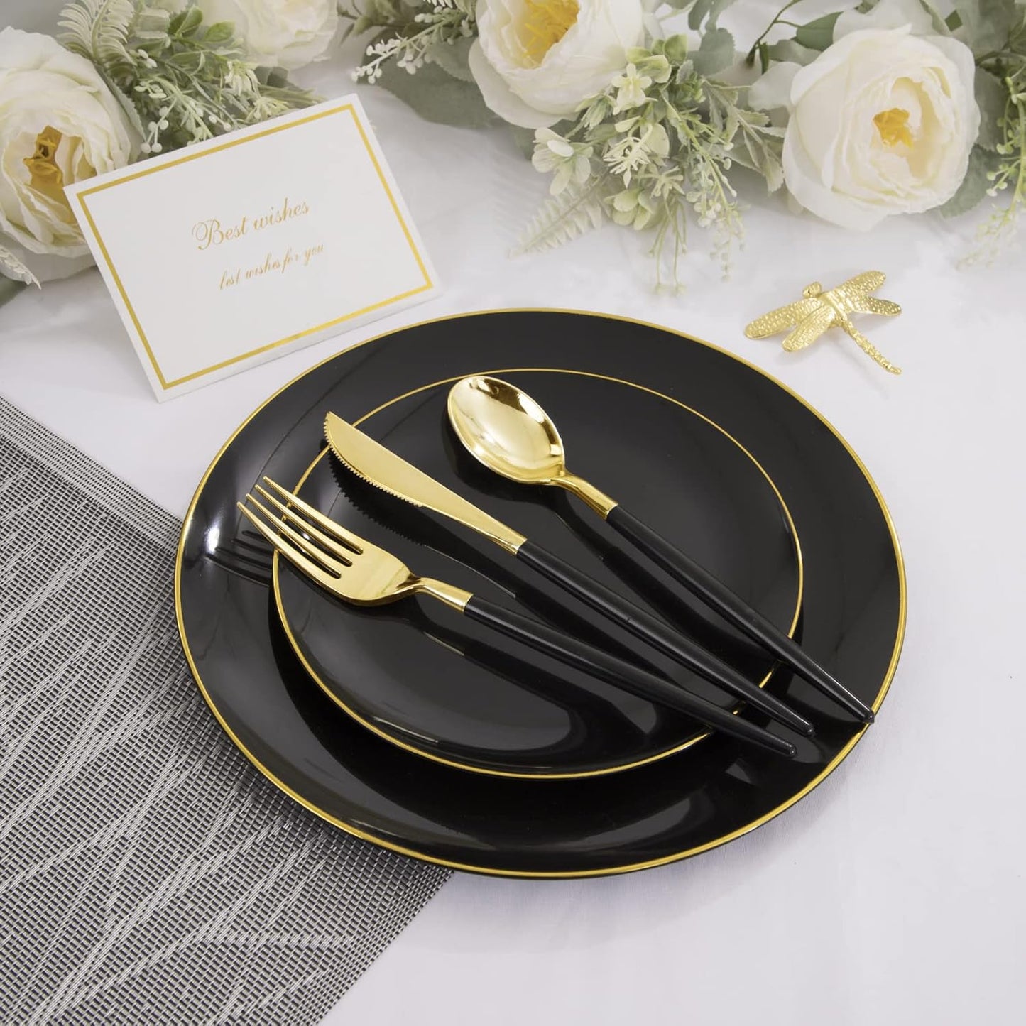 KIRE 60PCS Black Plastic Plates - Black Disposable Plates with Gold Rim for Halloween Party/Graduation - Include 30Pcs 10.25inch for Dinner and 30Pcs 7.5inch for Dessert