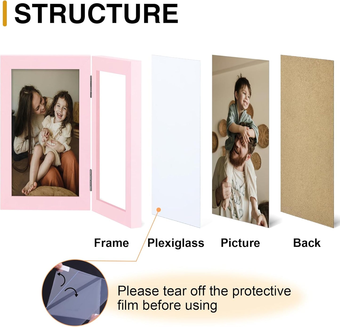 decorUhome Double 4x6 Picture Frame Vertical, Engineered Wood Bifold Photo Frame with Plexiglass for Tabletop Display, 4x6, Pink