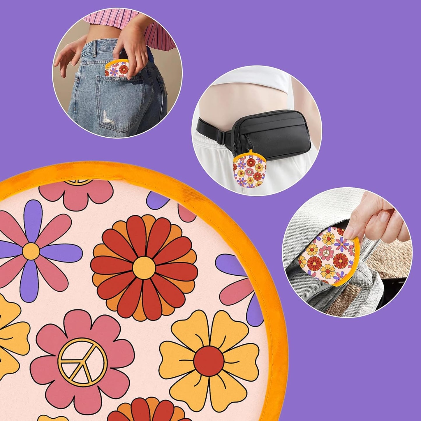 4 Styles Retro Hippie Round Foldable Hand Fan Japanese Foldable Fan Style Handheld Compact Cooling Fans,Round Folding Fan for Outdoor Games,Xmas Decoration,Festival,Party Favors,Travel,Events