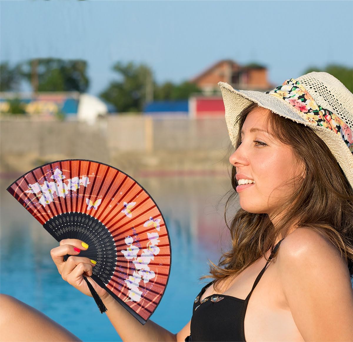 Amajiji Charming Elegant Modern Woman Handmade Bamboo Silk 8.27" (21cm) Folding Pocket Purse Hand Fan