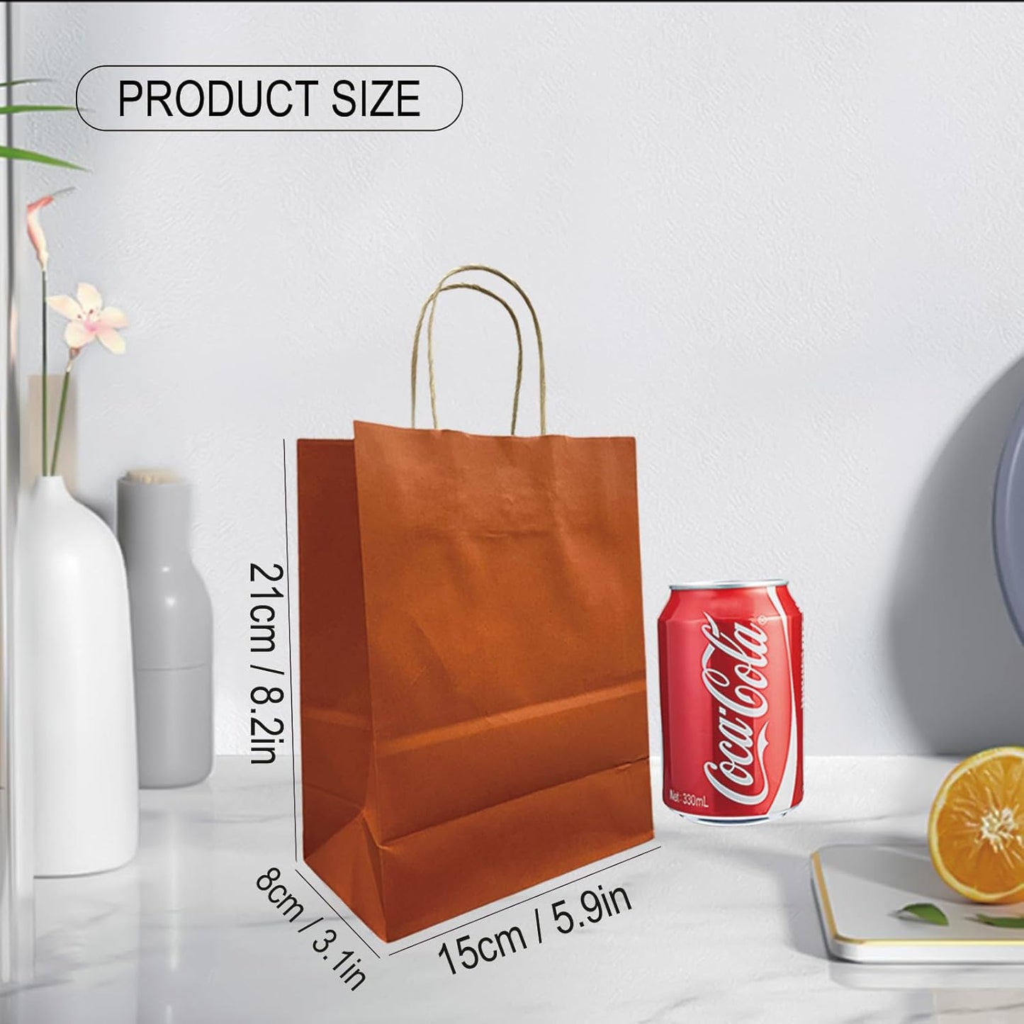 BAG BOX 100 Pack 5.9x3.1x8.25 Inch Orange Gift Bags with Handles,Bulk Kraft Paper Bags for Shopping, Retail, Merchandise, Wedding, Party Favors, Paper Grocery Sacks