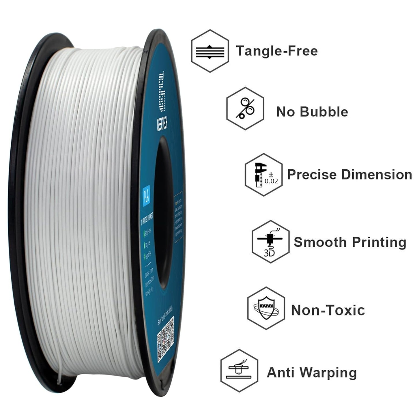 Geeetech 1.75mm PLA 3D Printer Filament, 1kg Spool (2.2lbs), Upgrade Tidy Winding Tangle-Free, Dimensional Accuracy +/- 0.02 mm, White