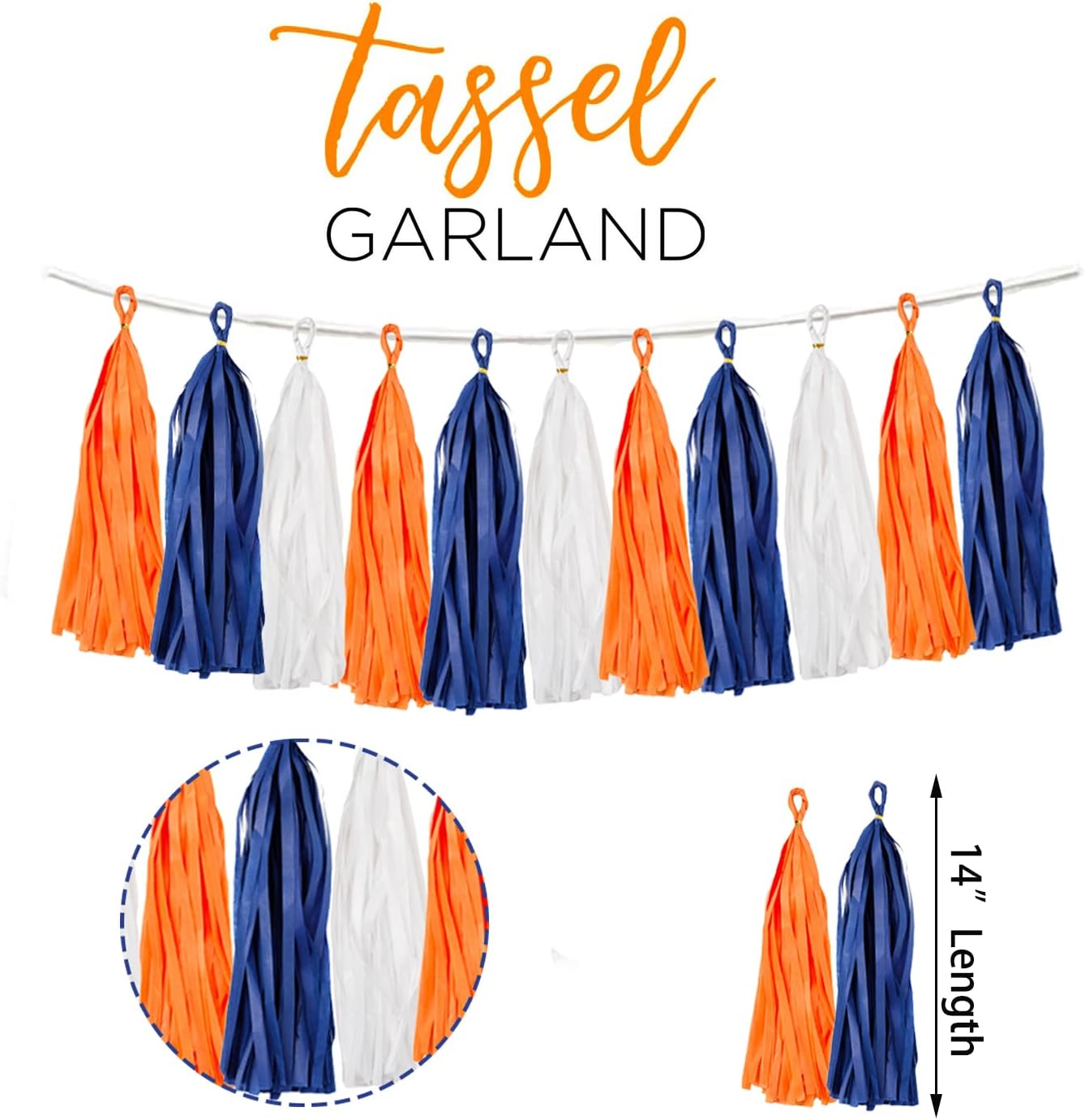 15PCS Navy Blue Orange White DIY Party Tassel Garland Paper Banner Streamer Backdrop for Graduation Astros Birthday Wedding Baby Shower Nursery Classroom Garland Tassel Hanging Decoration (Pack of 2)