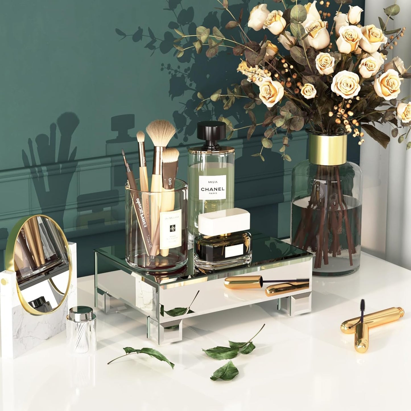 Mirrored Risers for Display, Tabletop Display Stand, Mirrored Perfume Tray for Vanity, Silver Soap Stand, Pedestal Stand, Glass Risers for Countertop, 8.6”W x 6”D x 3”H