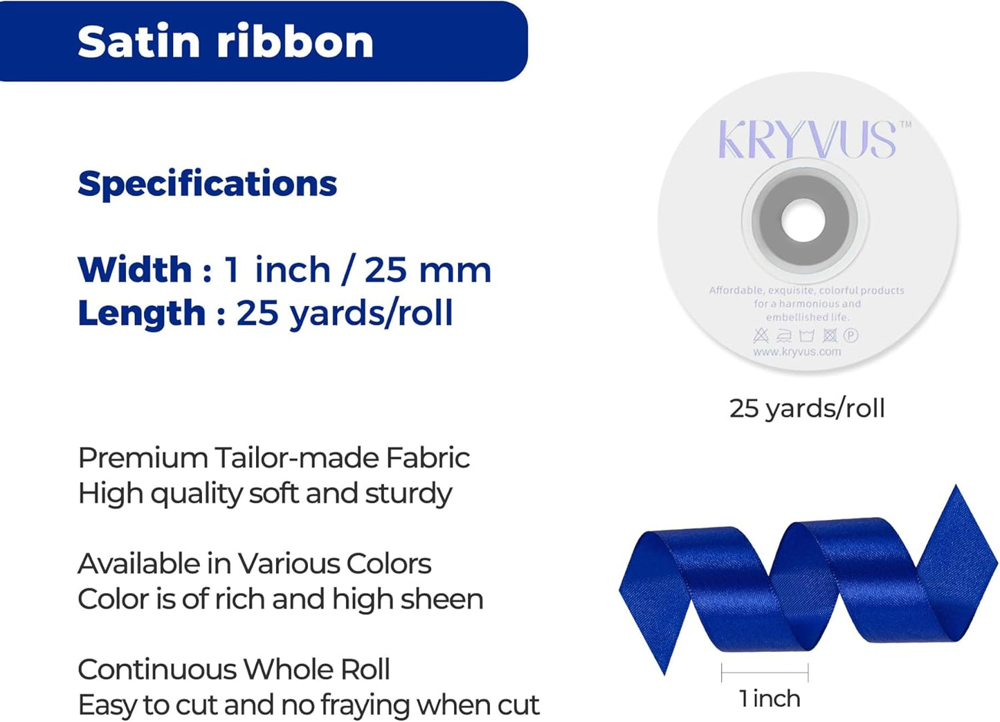 Royal Blue Satin Ribbon 1 inch X Continuous 25 Yards, Single Face Polyester Ribbon Perfect for Gift Wrapping, Flower Bouquet, Wedding Decor, Crafts, Bow Making, Sewing and More