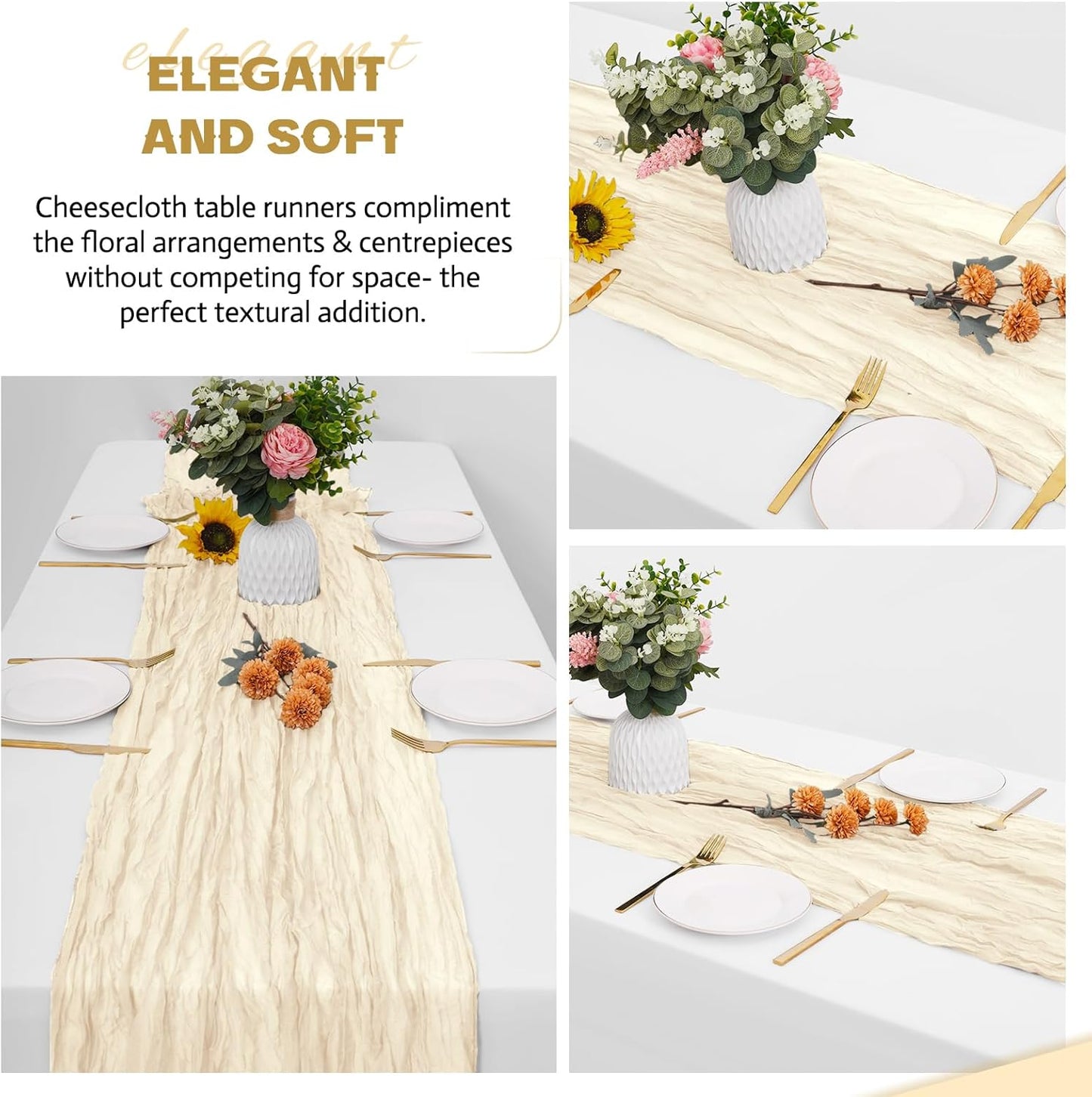 Aktor 12 Pack Ivory Table Runner Boho Cheesecloth Table Runner Semi Sheer Gauze Fabric Runners for Wedding Birthday Baby Shower Party Boho Table Decoration（Ivory）