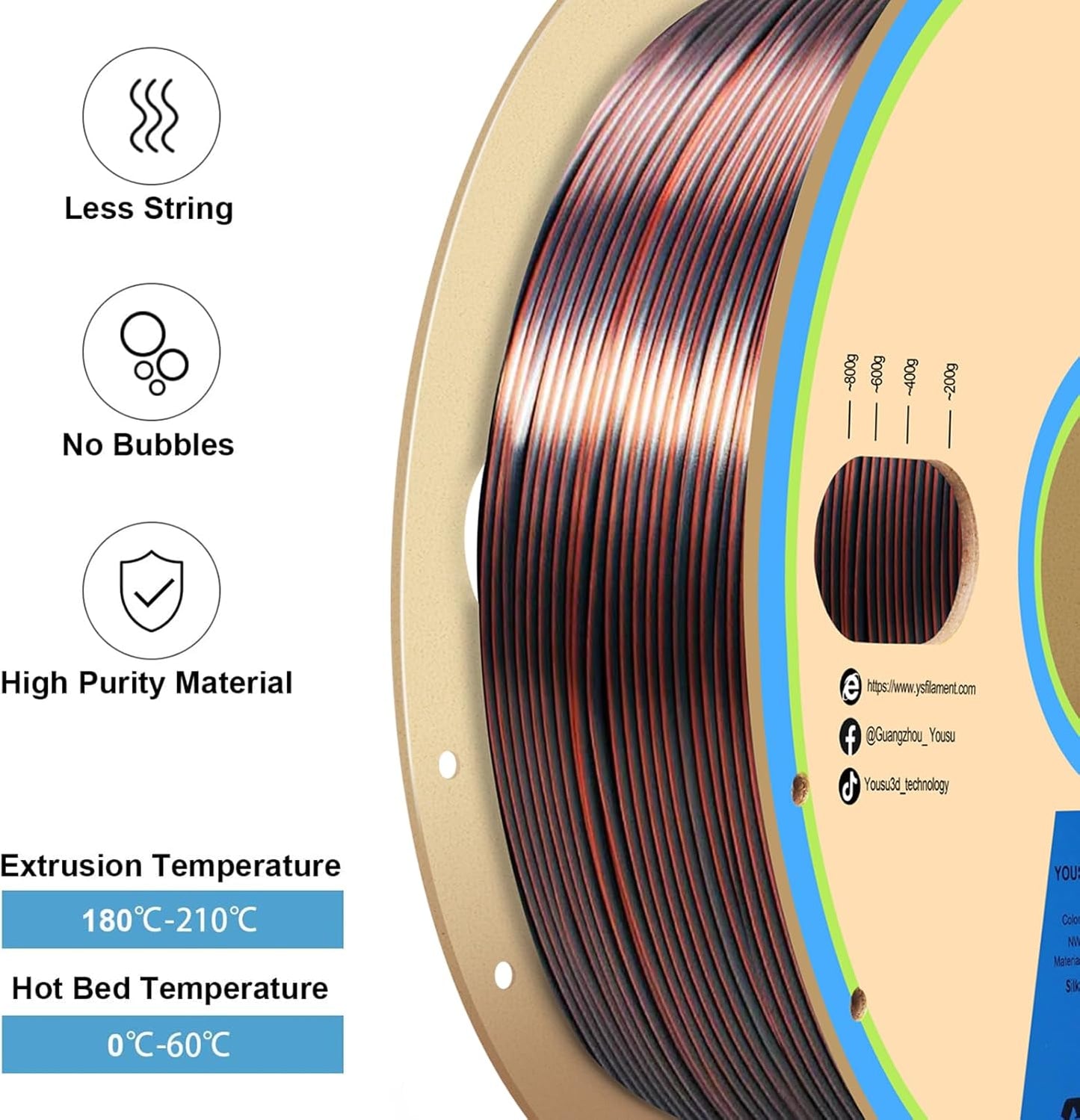 YOUSU Silk Dual Color PLA Filament, Coextrusion Filament, Multicolor 3D Printer Filament 1kg, Compatible with Most of 3D Printer, Silk Silver Copper Color Change Filament.