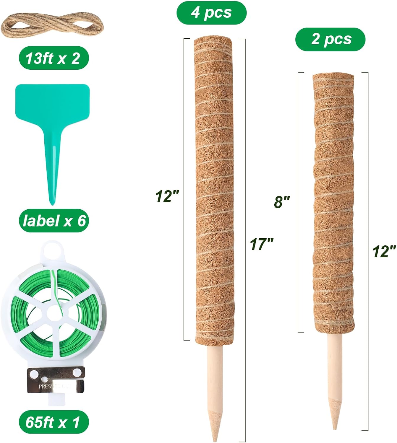 6 Pack Moss Poles for Monstera Plant Support (4x17in + 2x12in, 92in Total) – Stackable Moss Pole for Plants,Ideal Plant Stakes for Indoor Plants, Pothos, and Philodendron Support，with Garden Ties