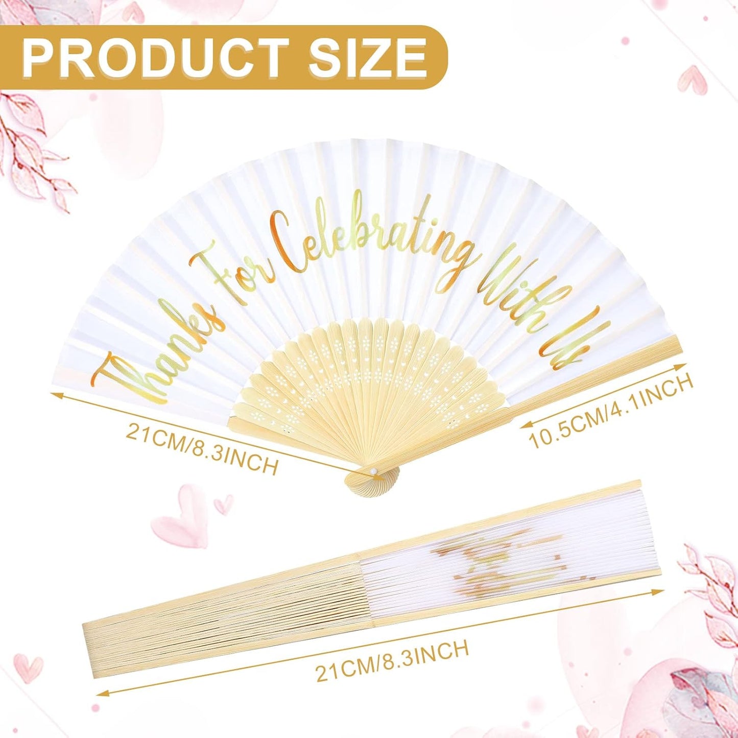 Jetec 50 Pcs Wedding Fans for Guests Bulk Silk Hand Fans Handheld Folded Thank You for Celebrating with Us Wedding Favors for Bridal Bridesmaid Baby Shower Dancing Party Church Gift(White)