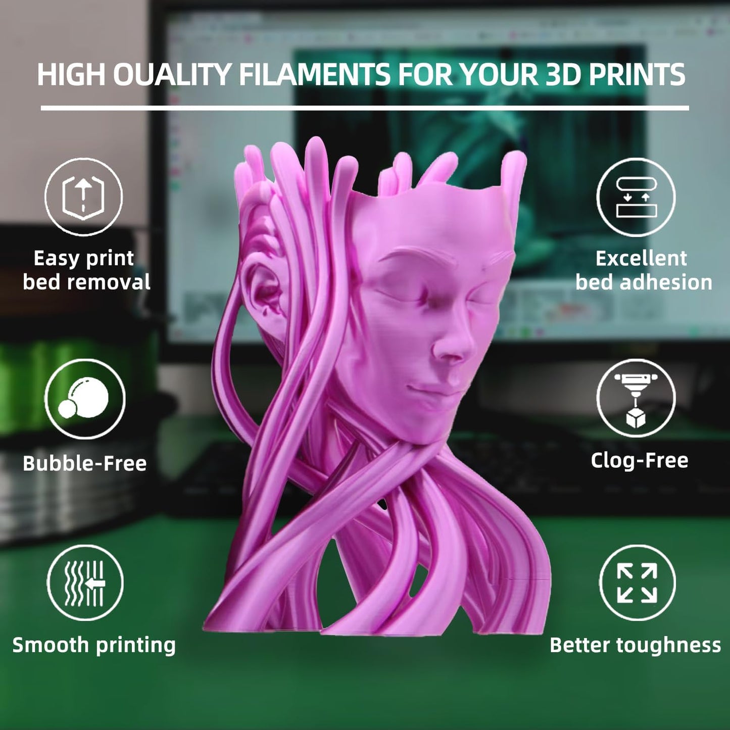 PLA Filament, Silk PLA, 3D Printer Filament, PLA Filament 1.75mm Dimensional Accuracy +/- 0.02mm, 1KG Spool (2.2 lbs), Fit Most FDM Printer (Silk Purple)