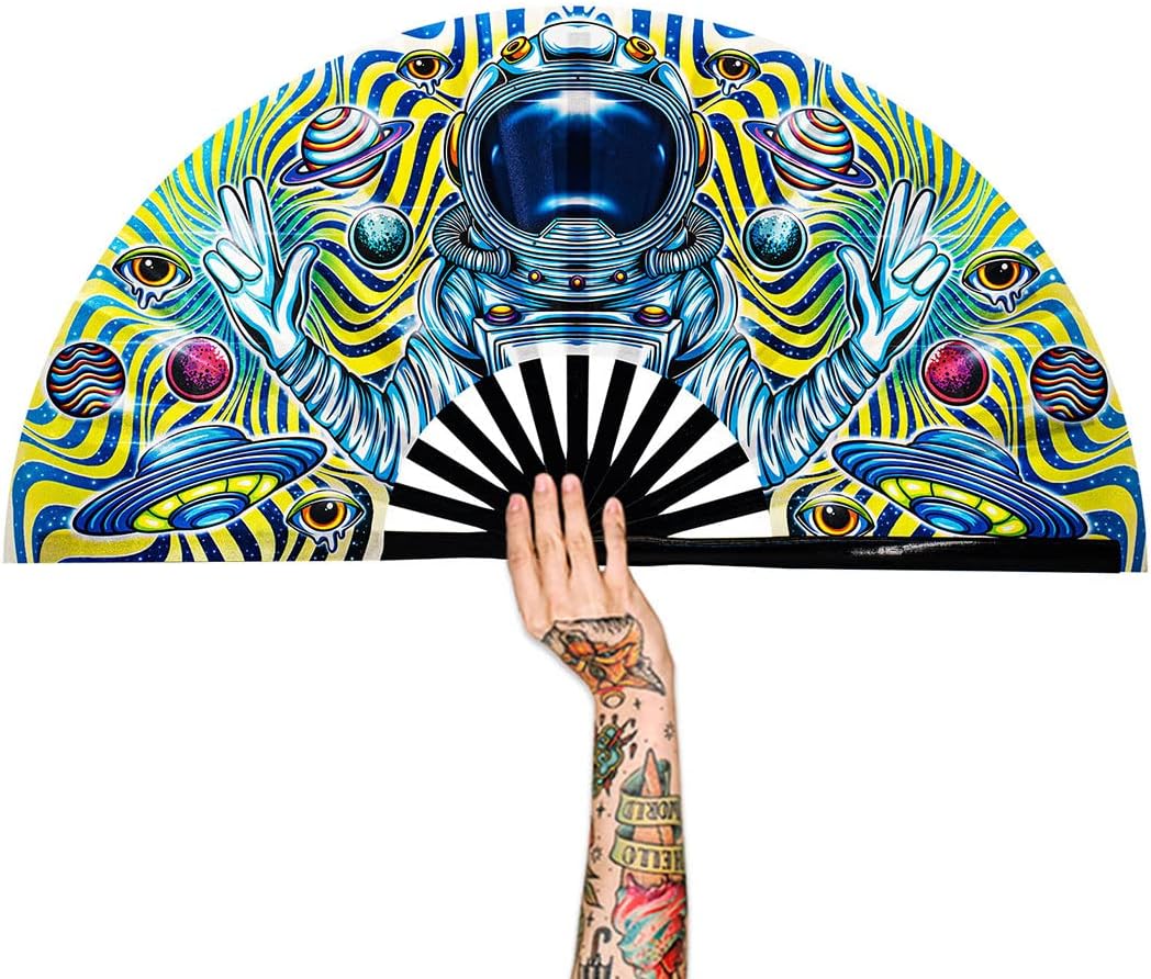 13" Large Rave Fan Bamboo, Folding Clack Hand Fans Foldable for Men Women, Boots on the Ground Poping Fan for EDM Festival Line Dance Decoration, (Space, Large 13")
