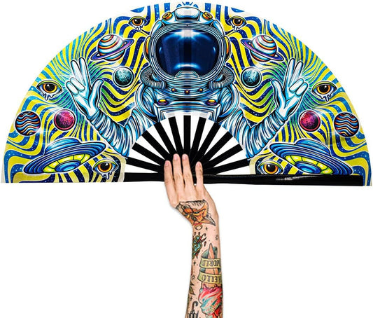 13" Large Rave Fan Bamboo, Folding Clack Hand Fans Foldable for Men Women, Boots on the Ground Poping Fan for EDM Festival Line Dance Decoration, (Space, Large 13")