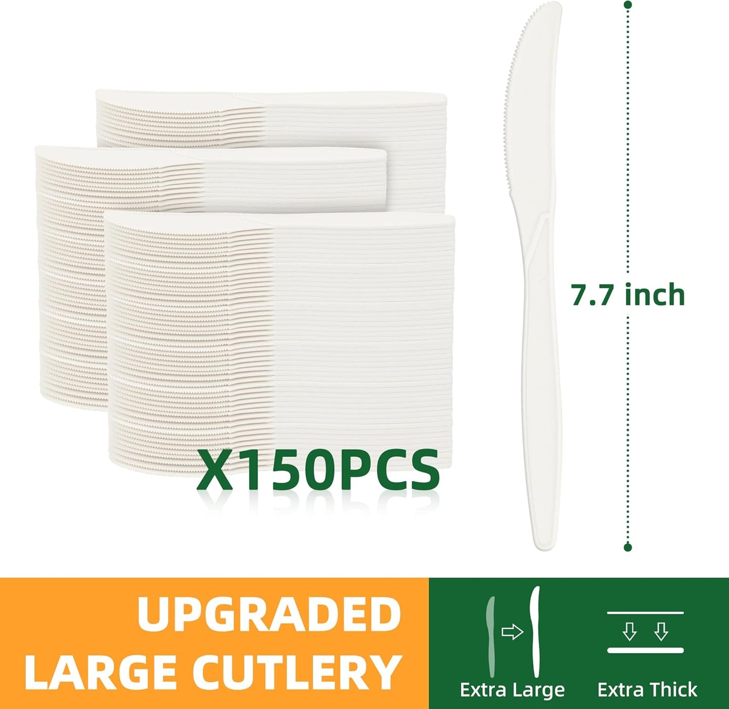 100% Compostable Knives, 7.7" 150pcs Large Disposable Cornstarch Cutlery Heavy Duty Eco-Friendly Utensils Durable and BPI-Certified Party Supplies No Plastic, Ivory White