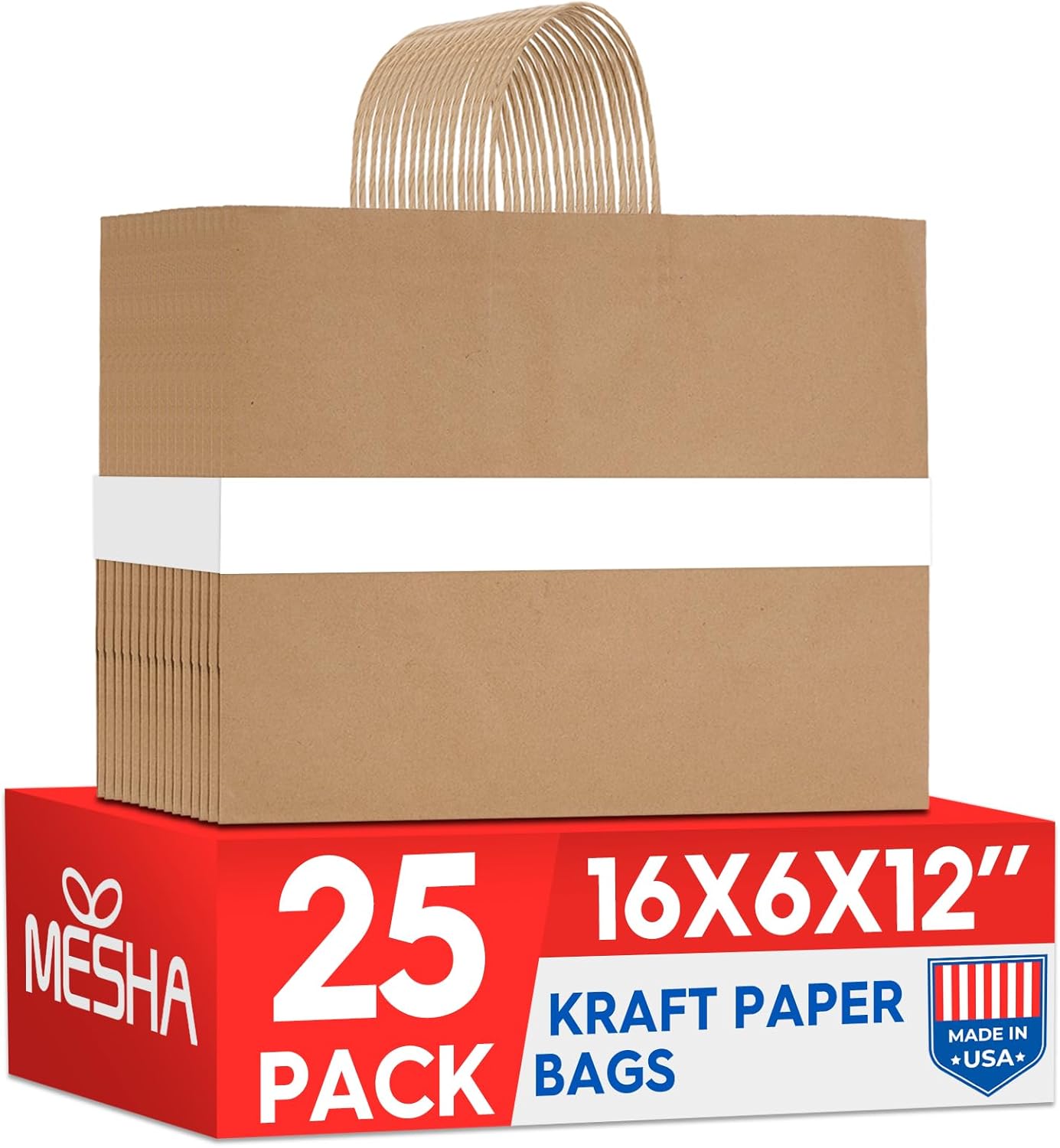 MESHA Large Brown Paper Bags with Handles 16x6x12 Inch 25 Pack Gift Shopping Bags Large Craft Bag Kraft Bag for Small Business