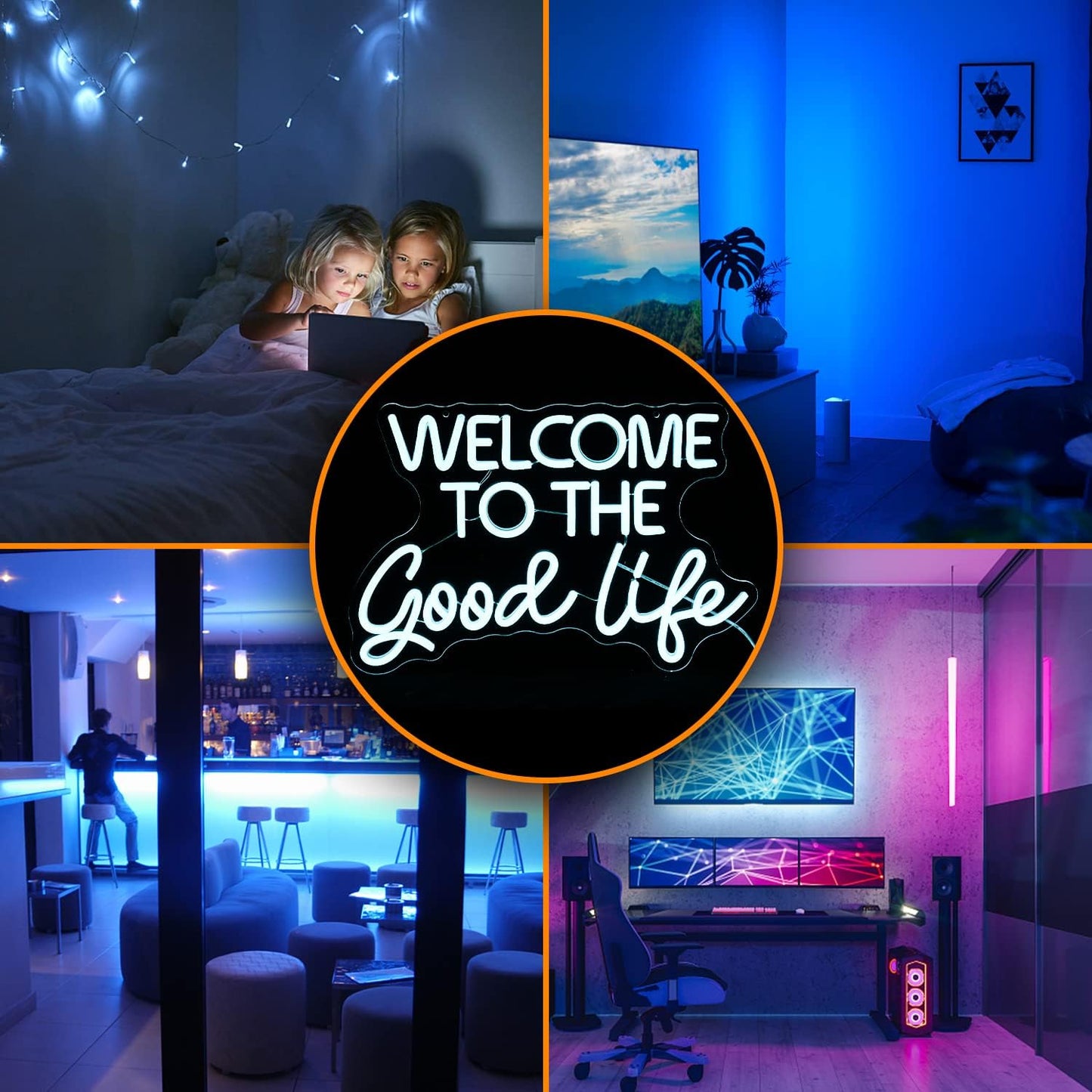 Welcome To The Good Life Neon Sign Letter LED Neon Lights Dimmable USB Powered 16.5’’X11’’Cool Wall Decorative Light Bedroom Kids Room Birthday Party Bar Decoration Gifts for Friend（Ice blue）