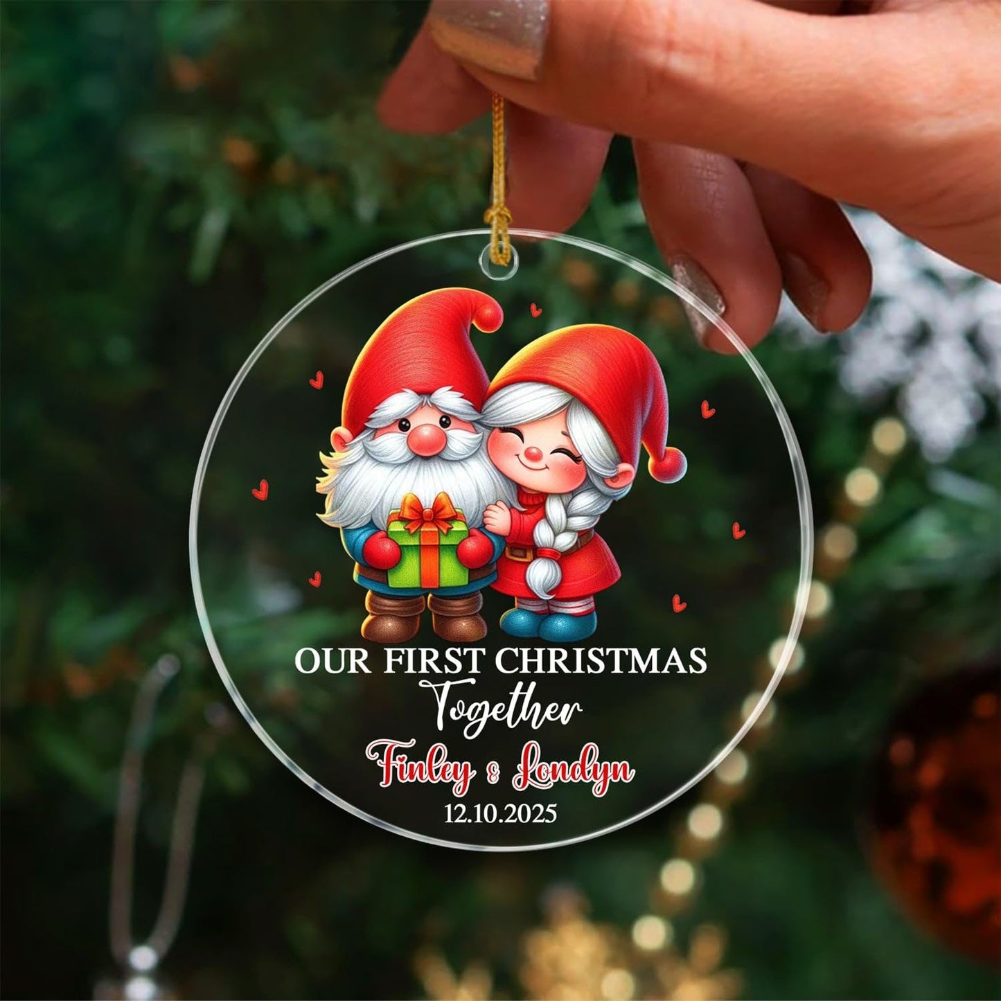 Personalized Our First Christmas Together Ornaments, 1st Christmas Together Ornament Gift for Mr & Mrs Newlyweds Bride & Groom, Customized Date & Names Couple Engaged Gnome Ornament for Anniversary