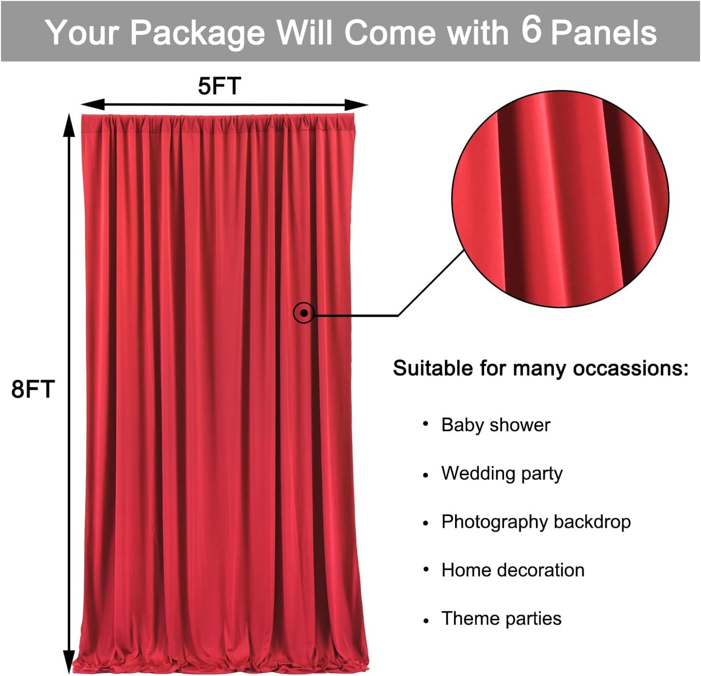Outpain 30 ft x 8 ft Red Backdrop Curtain Panels, 6 Panels 5 ft x 8 ft Wrinkle Free Polyester Photography Backdrop Drapes, Wedding Party Home Decoration Supplies