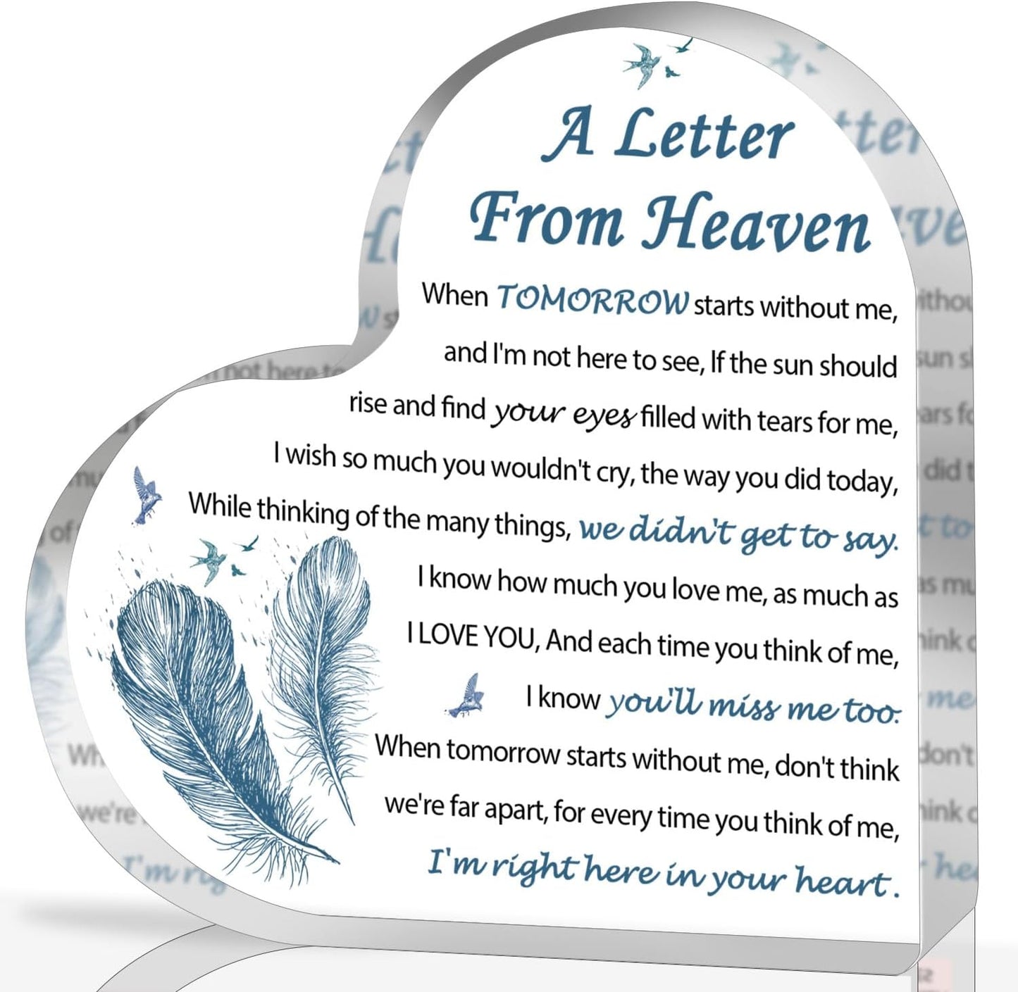 Sympathy Gifts - A Letter from Heaven- Memorial Gift for Loss of Mother Father Husband Son, Acrylic Heart Keepsake,Remembrance Sympathy Gifts （Feather）