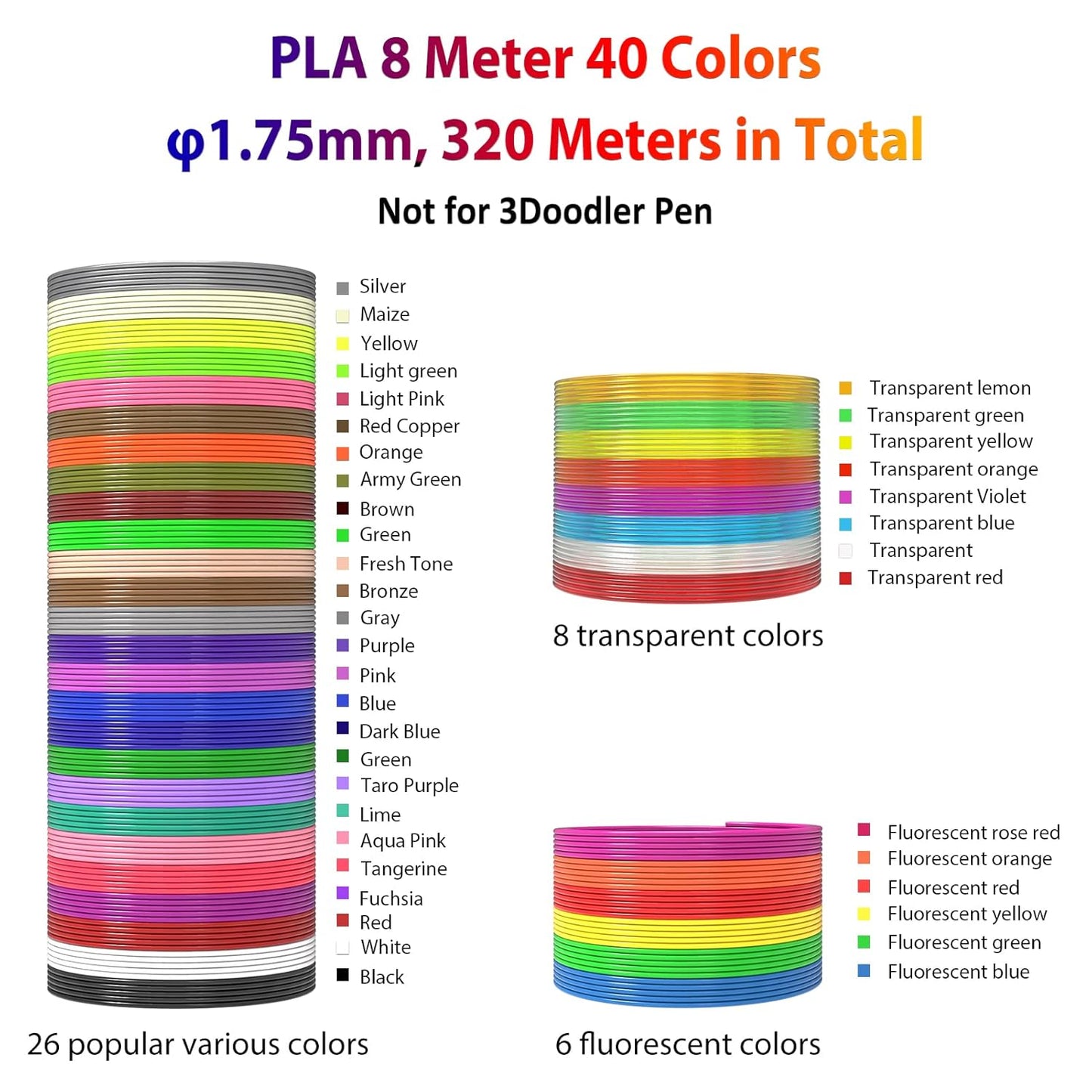 3D Pen Filament 1.75mm PLA Refills 40 Colors, Each Color 8 Meters(26 Feet), Total Length 320m(1050 Feet), 250 Stencils eBooks, Safe for Kids to Create Stunning 3D Art with 40 Vibrant Colors