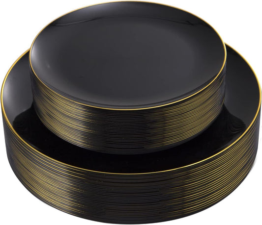 KIRE 60PCS Black Plastic Plates - Black Disposable Plates with Gold Rim for Halloween Party/Graduation - Include 30Pcs 10.25inch for Dinner and 30Pcs 7.5inch for Dessert