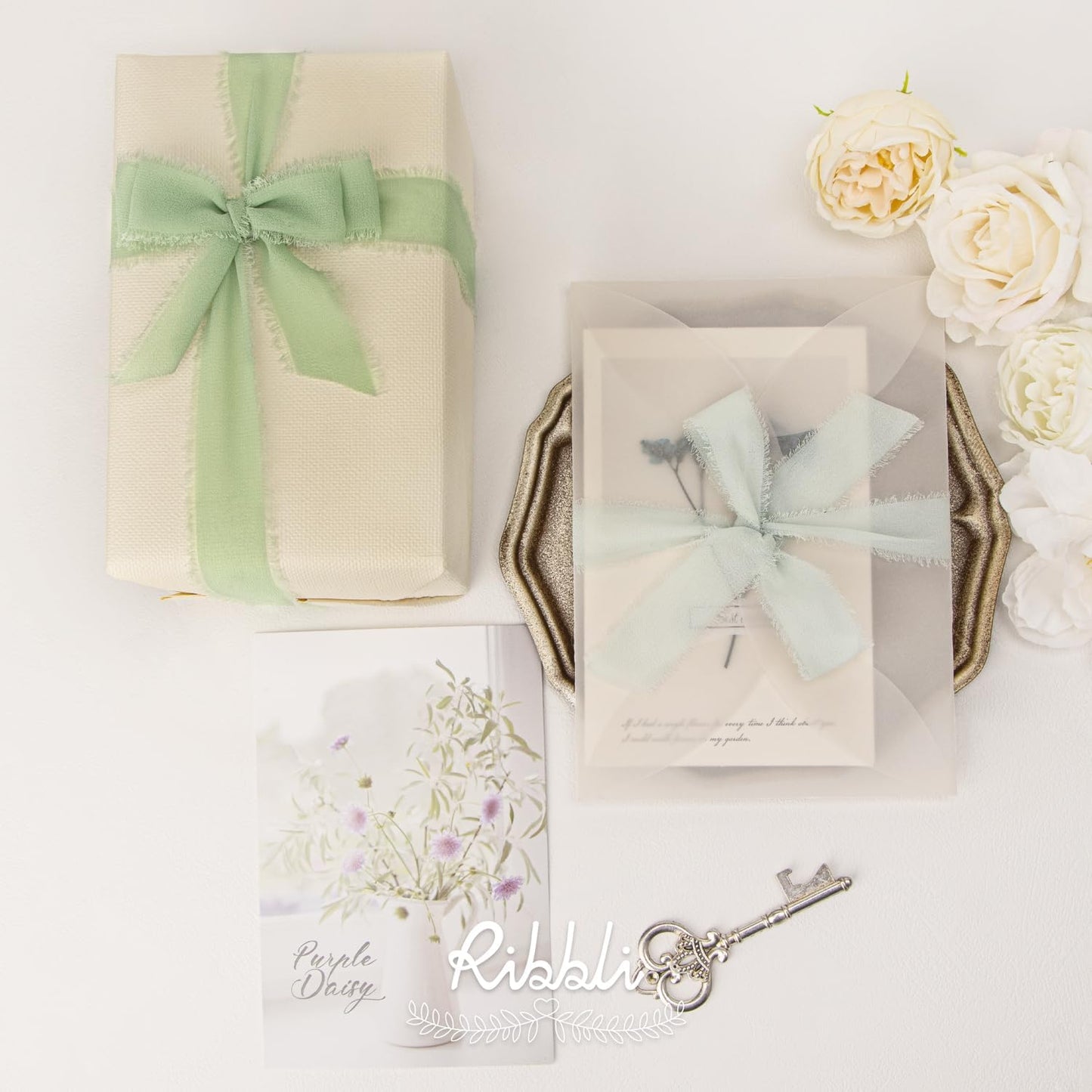 Ribbli Green Ribbon 1 Inch x 3 Rolls Total 24 Yards Ivory/Sage/Forest Green Handmade Fringe Chiffon Silk Ribbon for Wrapping Wedding Invitations Bridal Bouquets DIY Crafts Home Decor