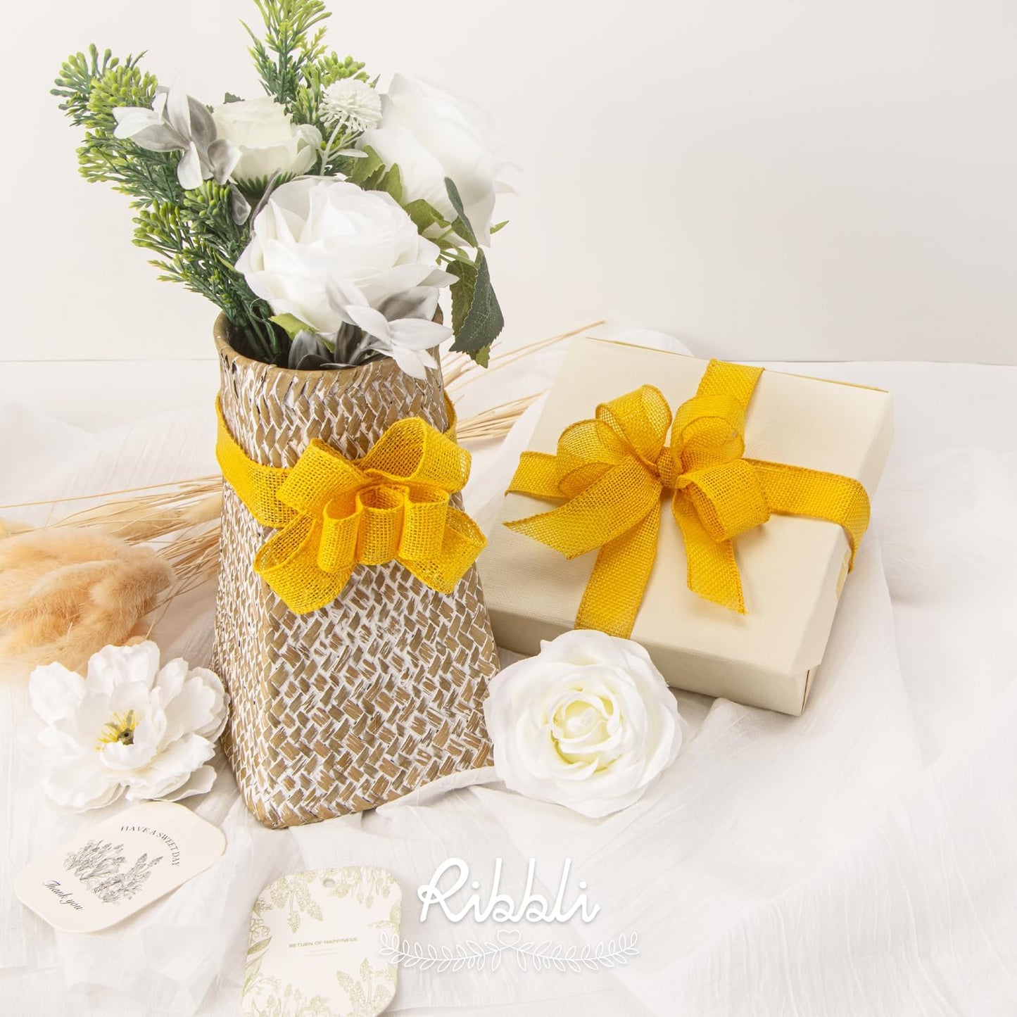 Ribbli Yellow Burlap Wired Ribbon, 1” Inch x Continuous 20 Yard, Yellow Wired Ribbon for Wreaths,Big Bows,Tree Decoration,Outdoor Decoration