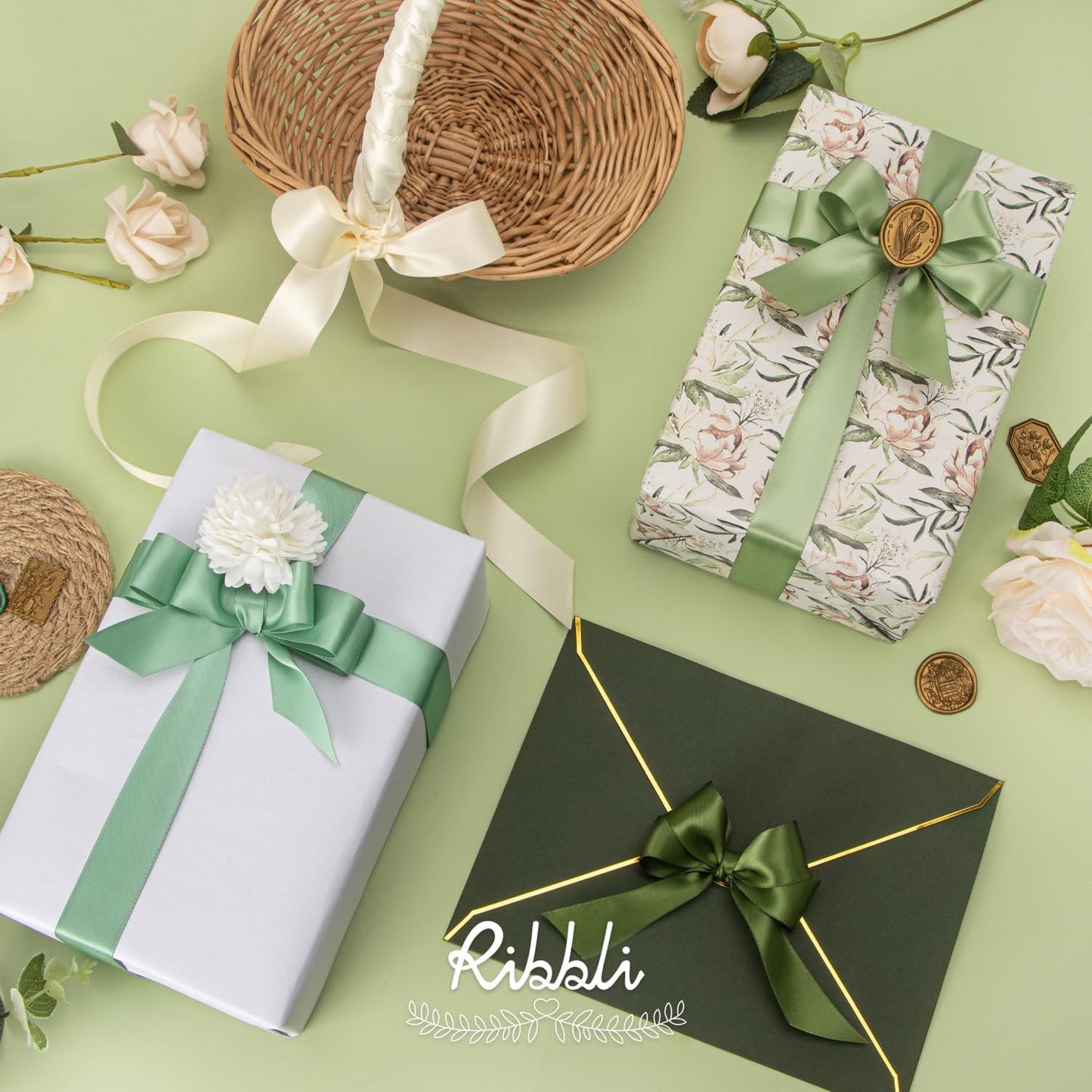 Ribbli Sage Green Satin Ribbon 1 Inch x 4 Rolls Total 40 Yards- Ivory/Sage/Dusty Sage/Moss Green Ribbon for Gift Wrapping Craft Wedding Decoration