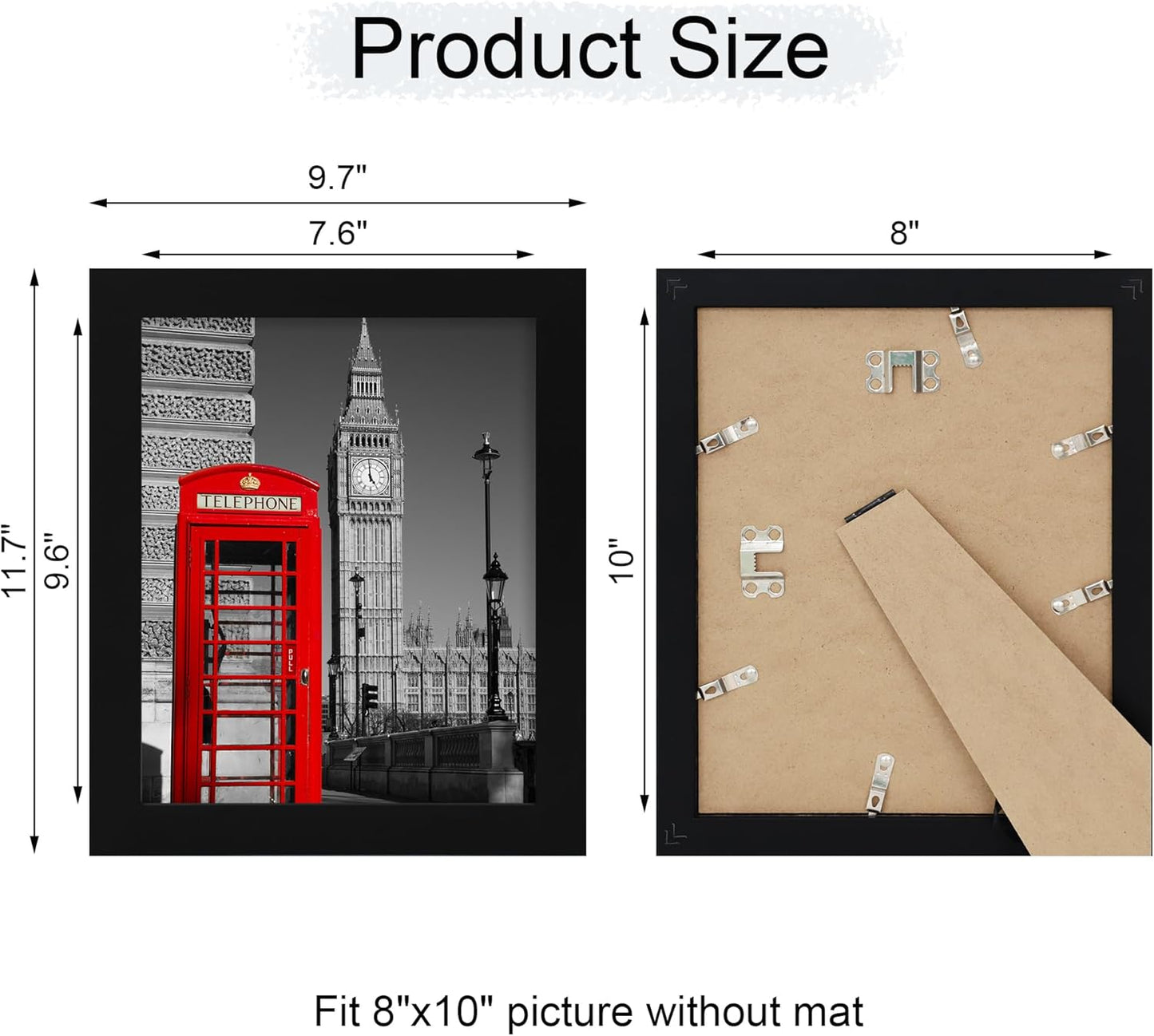 8x10 Picture Frame Set of 4, High Definition Glass Black Picture Frame, 8 x 10 Wood Rustic Photo Frames for Horizontal or Vertical Table Top and Wall Mounting