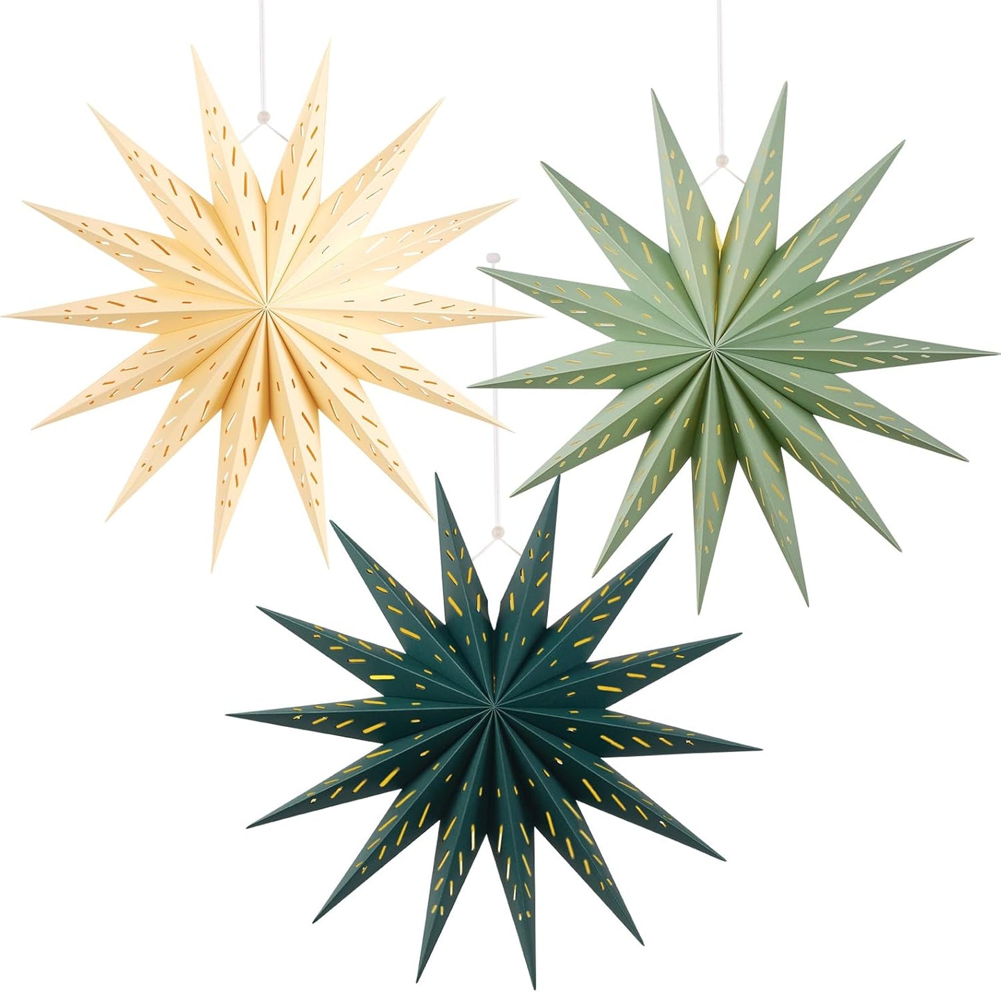 3Pcs 14-Pointed 18 Inch Paper Star Decorations Christmas Party Decorations Sage Green Yellow Hanging Star Decoration Hanging Lamp Shade for Christmas Home New Year Party