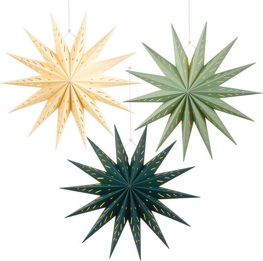 3Pcs 14-Pointed 18 Inch Paper Star Decorations Christmas Party Decorations Sage Green Yellow Hanging Star Decoration Hanging Lamp Shade for Christmas Home New Year Party