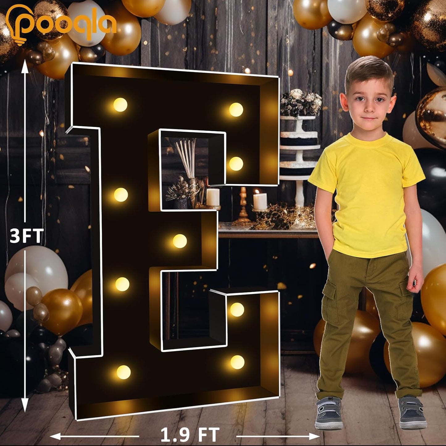 Pooqla 3 FT Marquee Light Up Letters, Black Marquee Letter Lights 3 Feet Tall, Giant LED Sign Big Mosaic Letters for Balloons Birthday Party Anniversary Wedding Decorations, Warm White E